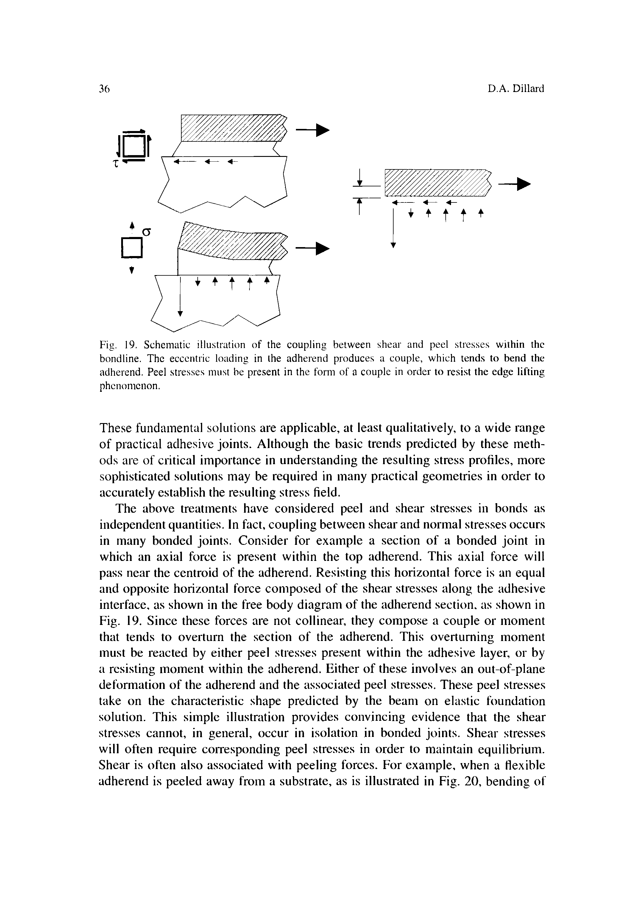 Fig. 19. Schematic illustration of the coupling between shear and peel stresses within the bondline. The eccentric loading in the adherend produces a couple, which tends to bend the adherend. Peel stresses must be present in the form of a couple in order to resi.st the edge lifting phenomenon.