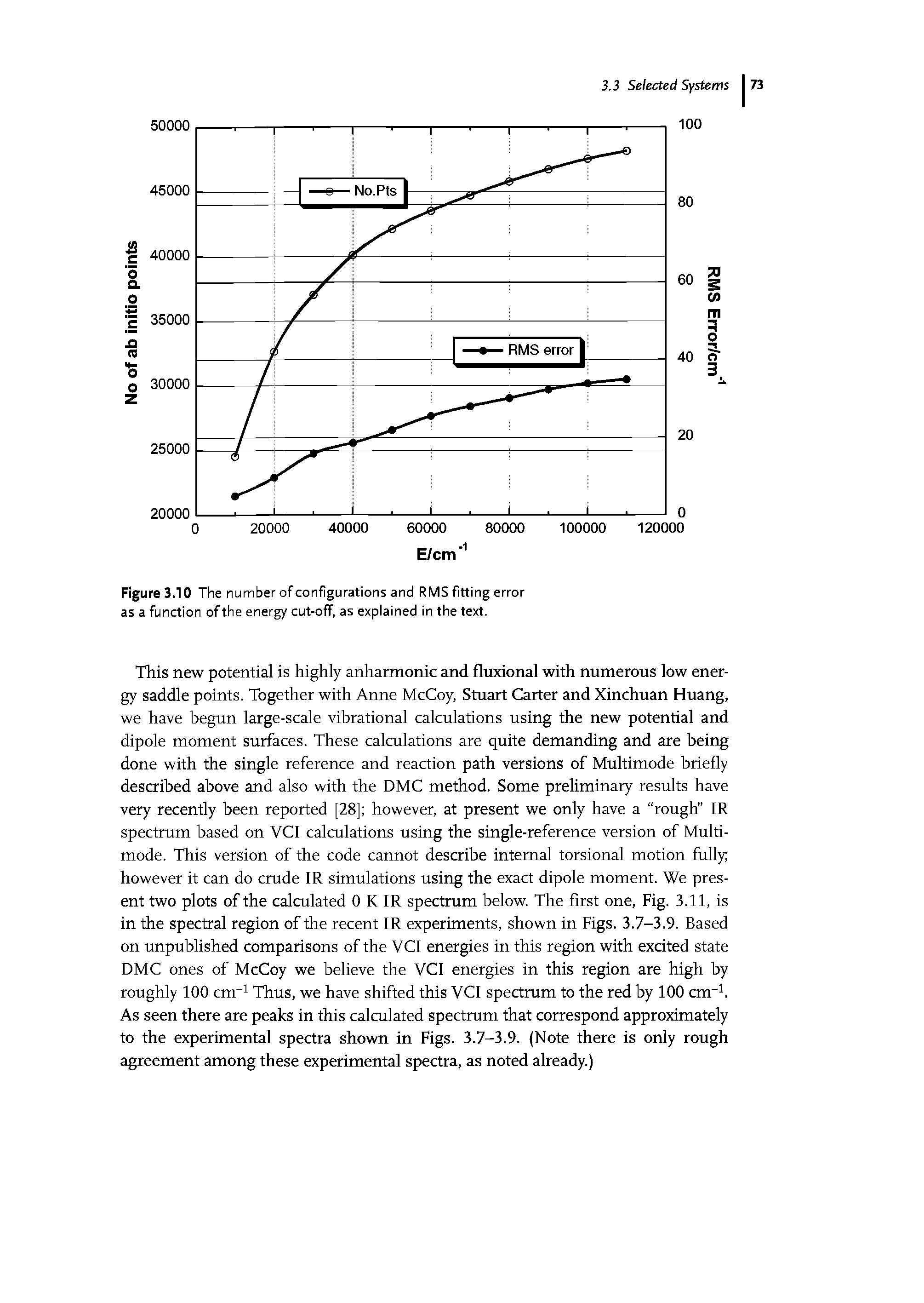 Figure 3.10 The number of configurations and RMS fitting error as a function of the energy cut-off, as explained in the text.