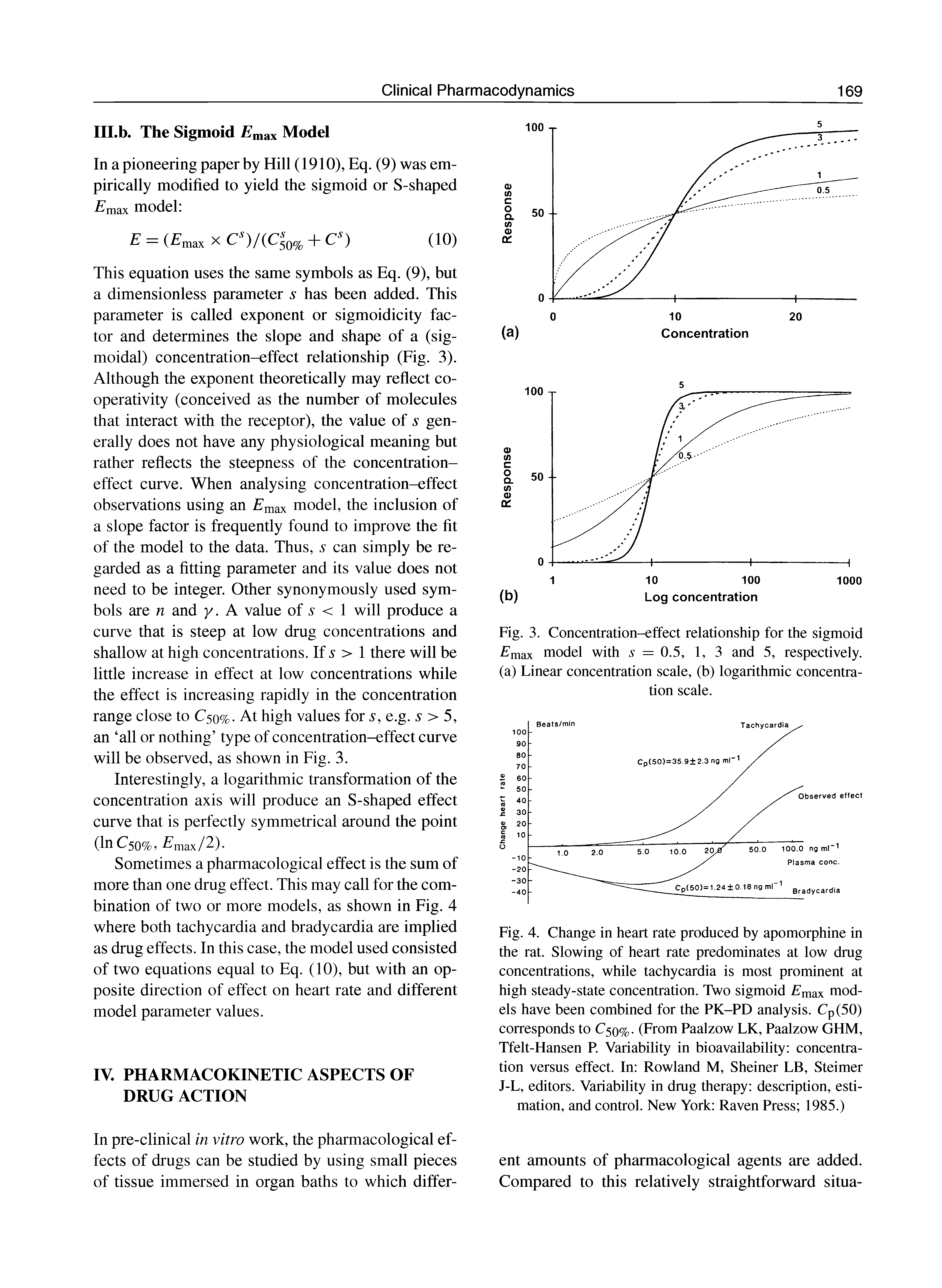 Fig. 3. Concentration-effect relationship for the sigmoid Emax model with 5 = 0.5, 1, 3 and 5, respectively, (a) Linear concentration scale, (b) logarithmic concentration scale.