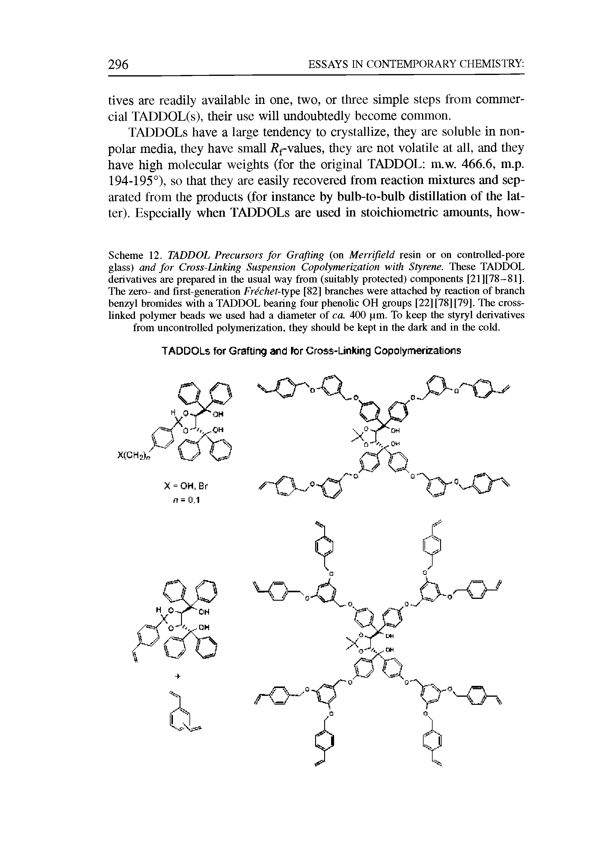 Scheme 12. TADDOL Precursors for Grafting (on Merrifield resin or on controlled-pore glass) and for Cross-Linking Suspension Copolymerization with Styrene. These TADDOL derivatives are prepared in the usual way from (suitably protected) components [21][78-81]. The zero- and first-generation Frechet-type [82] branches were attached by reaction of branch benzyl bromides with a TADDOL bearing four phenohc OH groups [22] [78] [79]. The cross-linked polymer beads we used had a diameter of ca. 400 pm. To keep the styryl derivatives from uncontroUed polymerization, they should be kept in the dark and in the cold.