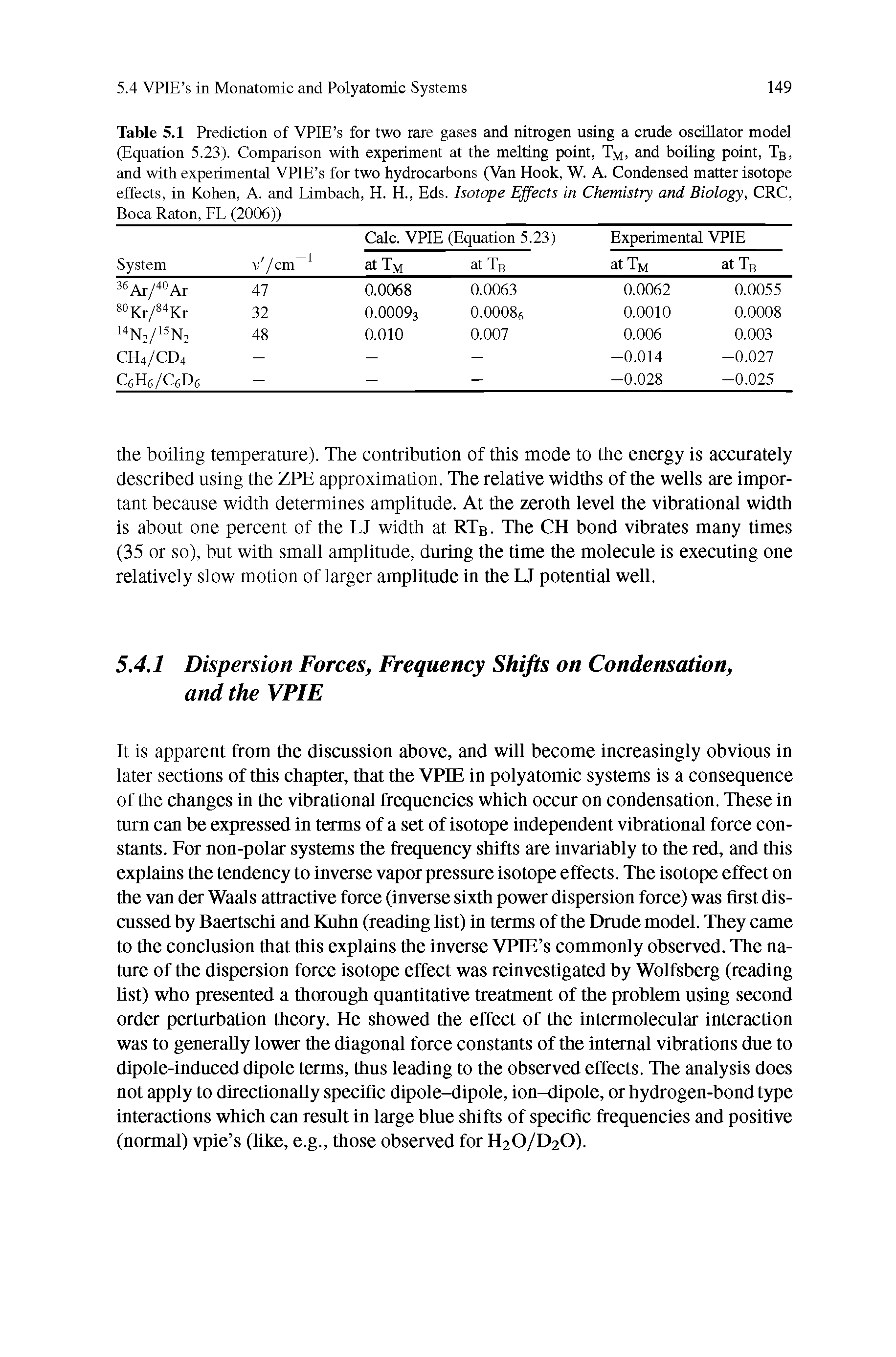 Table 5.1 Prediction of VPIE s for two rare gases and nitrogen using a crude oscillator model (Equation 5.23). Comparison with experiment at the melting point, TM, and boiling point, TB, and with experimental VPIE s for two hydrocarbons (Van Hook, W. A. Condensed matter isotope effects, in Kohen, A. and Limbach, H. H., Eds. Isotope Effects in Chemistry and Biology, CRC, Boca Raton, FL (2006))...