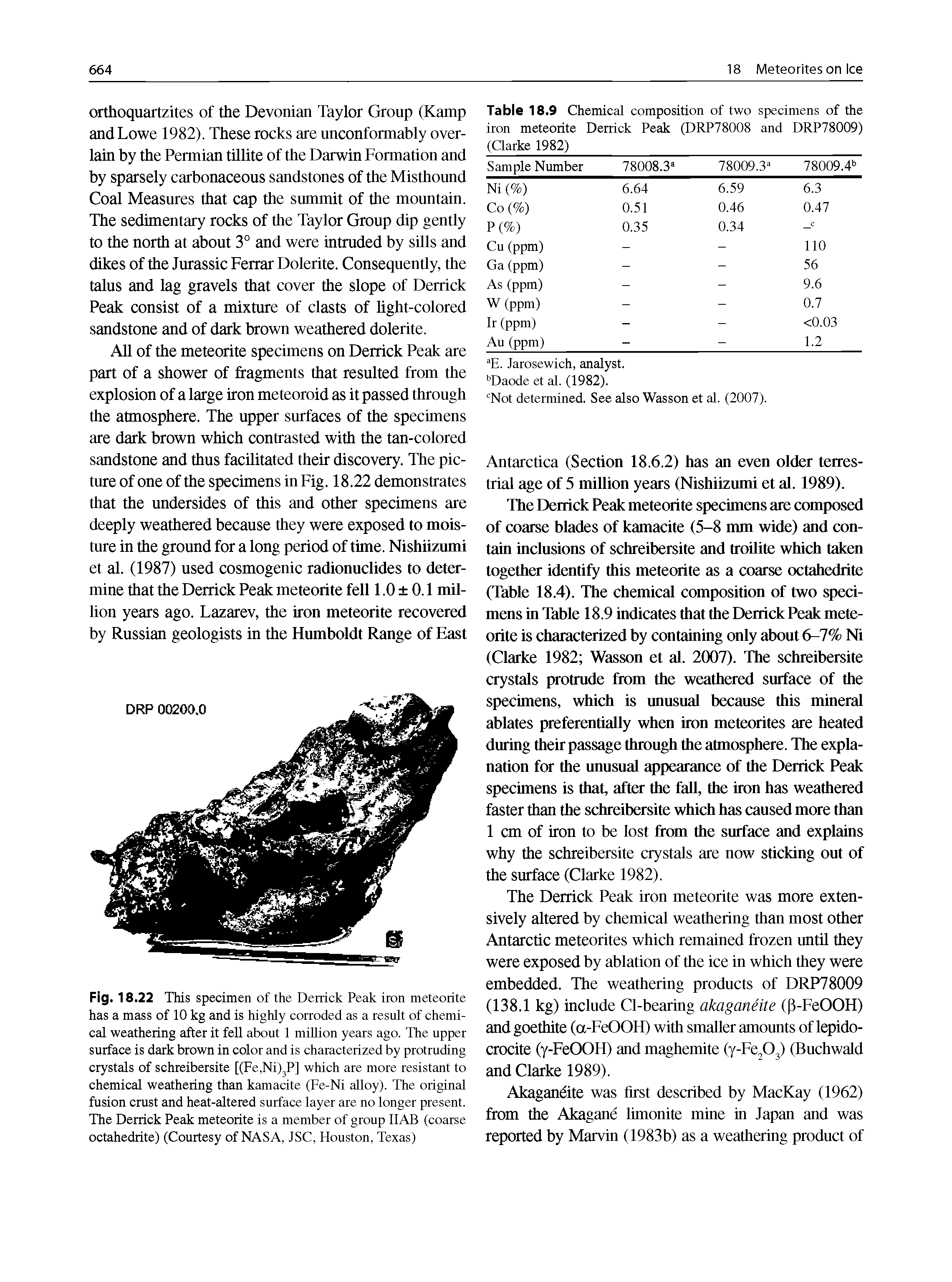 Fig. 18.22 This specimen of the Derrick Peak iron meteorite has a mass of 10 kg and is highly corroded as a result of chemical weathering after it fell about 1 million years ago. The upper surface is dark brown in color and is characterized by protruding crystals of schreibersite [(Fe.NiljP] which are more resistant to chemical weathering than kamacite (Fe-Ni alloy). The original fusion crust and heat-altered surface layer are no longer present. The Derrick Peak meteorite is a member of group IlAB (coarse octahedrite) (Courtesy of NASA, JSC, Houston, Texas)...