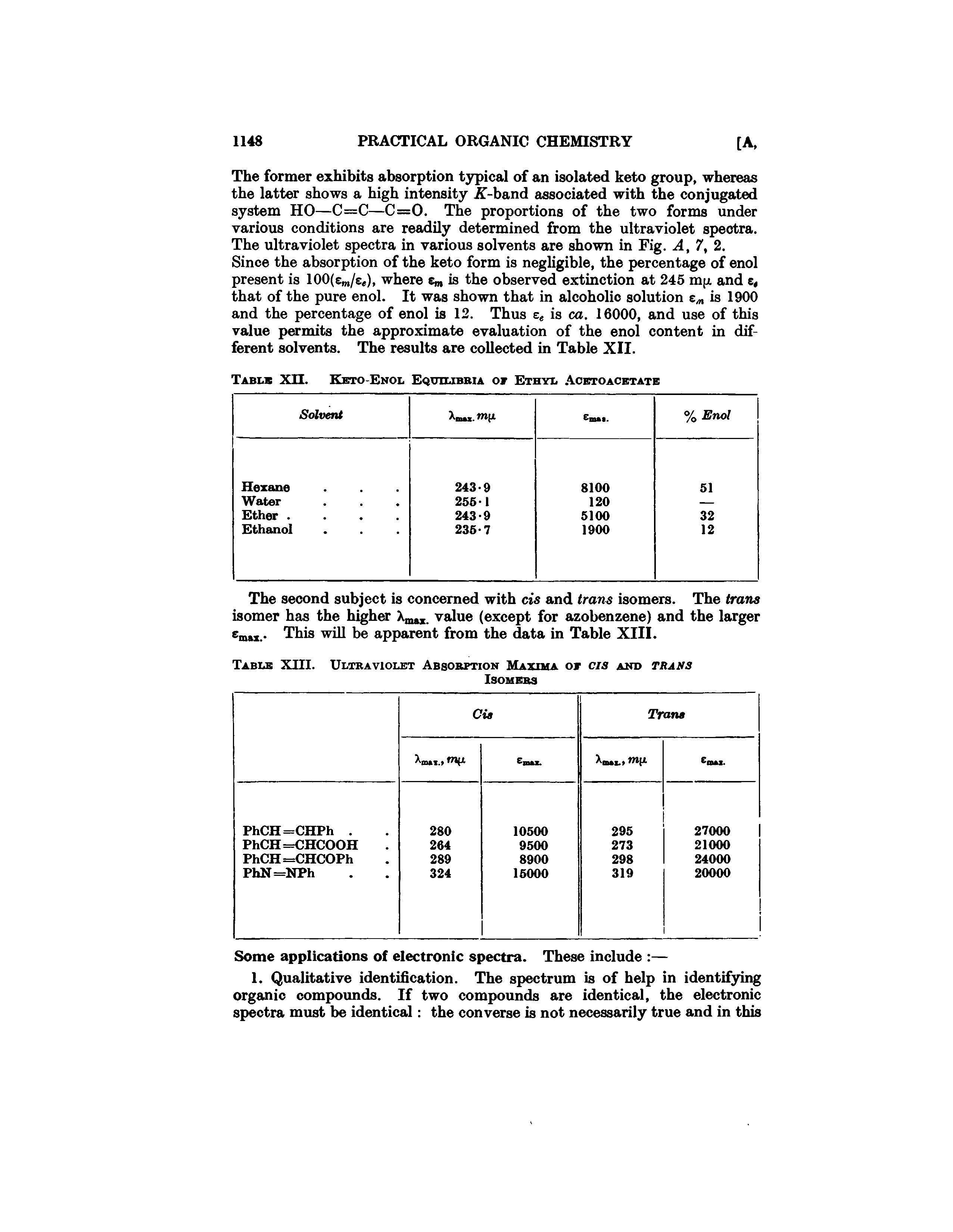 Table XII. Keto-Enol Equilibria or Ethyl Acetoacetate...