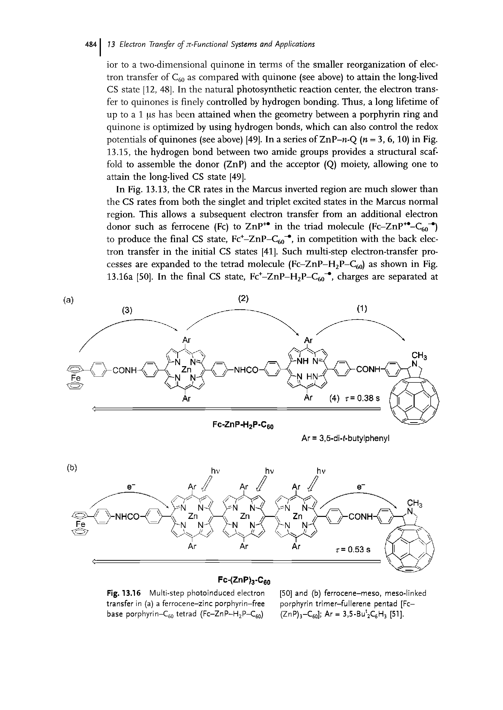Fig. 13.16 Multi-step photoinduced electron [50] and (b) ferrocene-meso, meso-linked transfer in (a) a ferrocene-zinc porphyrin-free porphyrin trimer-fullerene pentad [Fc-base porphyrin-C60 tetrad (Fc-ZnP-H2P-C60) (ZnP)3-C60] Ar = 3,5-Bu 2C6H3 [51].
