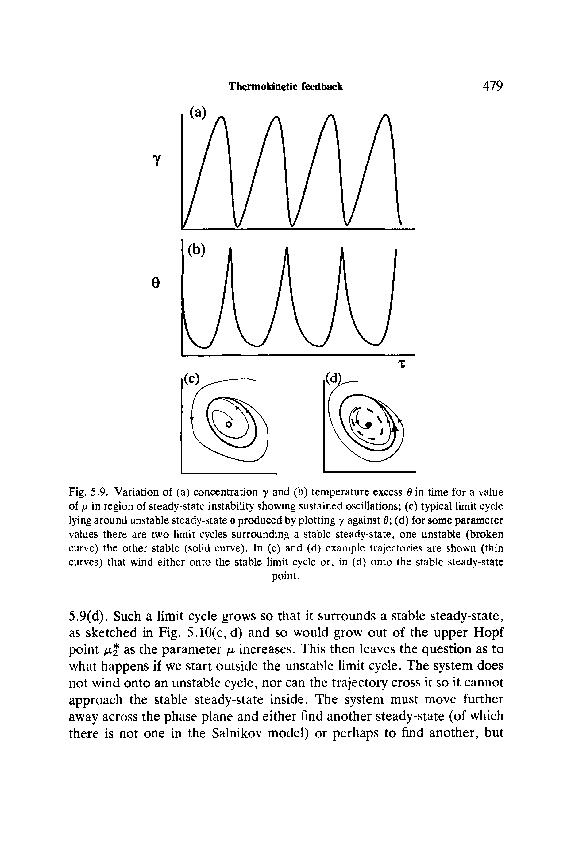 Fig. 5.9. Variation of (a) concentration y and (b) temperature excess 6 in time for a value of in region of steady-state instability showing sustained oscillations (c) typical limit cycle lying around unstable steady-state o produced by plotting y against (d) for some parameter values there are two limit cycles surrounding a stable steady-state, one unstable (broken curve) the other stable (solid curve). In (c) and (d) example trajectories are shown (thin curves) that wind either onto the stable limit cycle or, in (d) onto the stable steady-state...