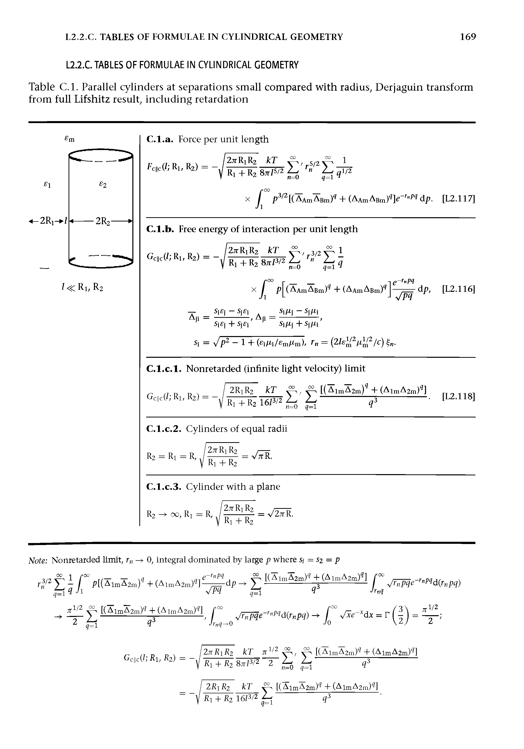 Table C.l. Parallel cylinders at separations small compared with radius, Derjaguin transform from full Lifshitz result, including retardation...