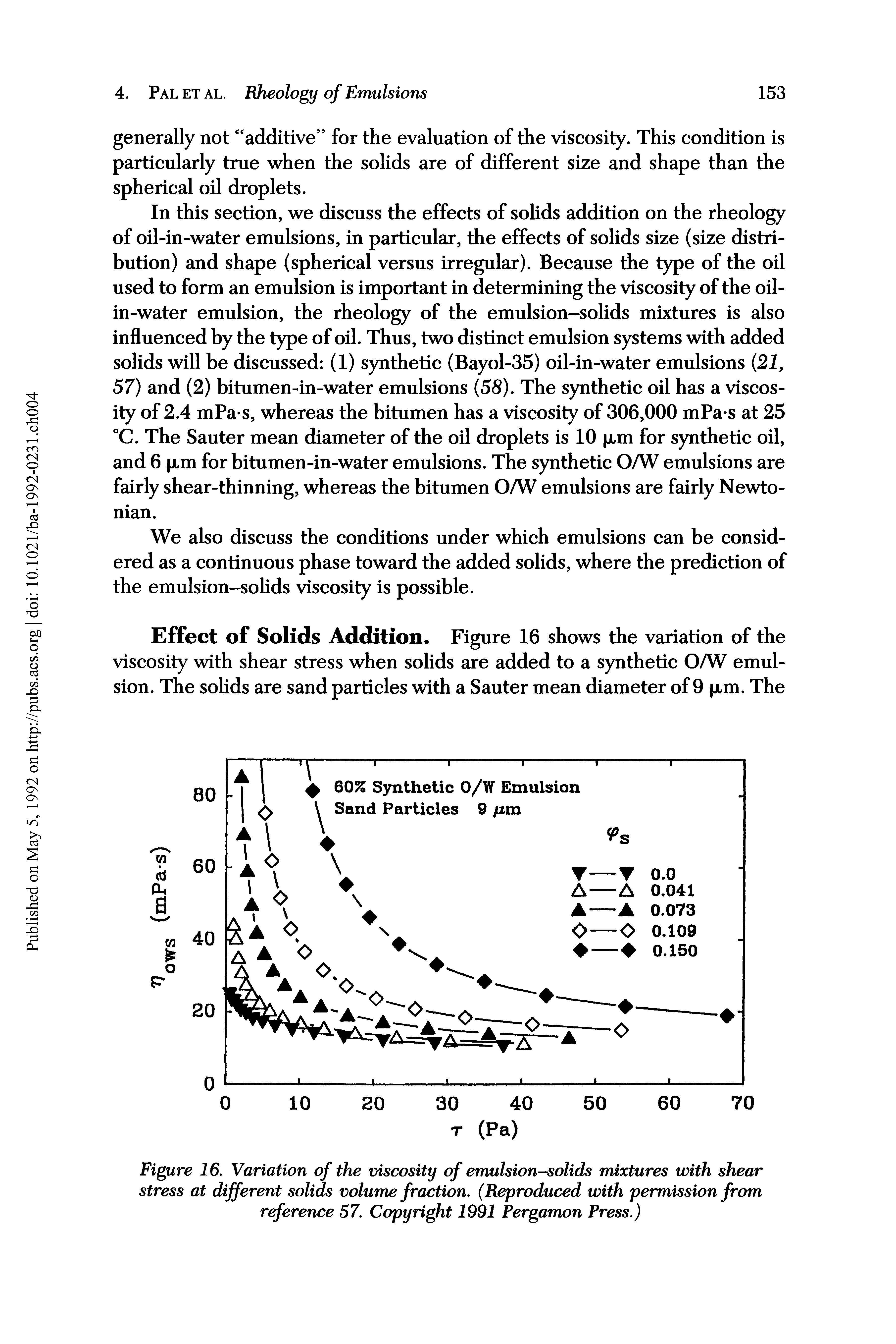 Figure 16. Variation of the viscosity of emulsion-solids mixtures with shear stress at different solids volume fraction. (Reproduced with permission from reference 57. Copyright 1991 Pergamon Press.)...