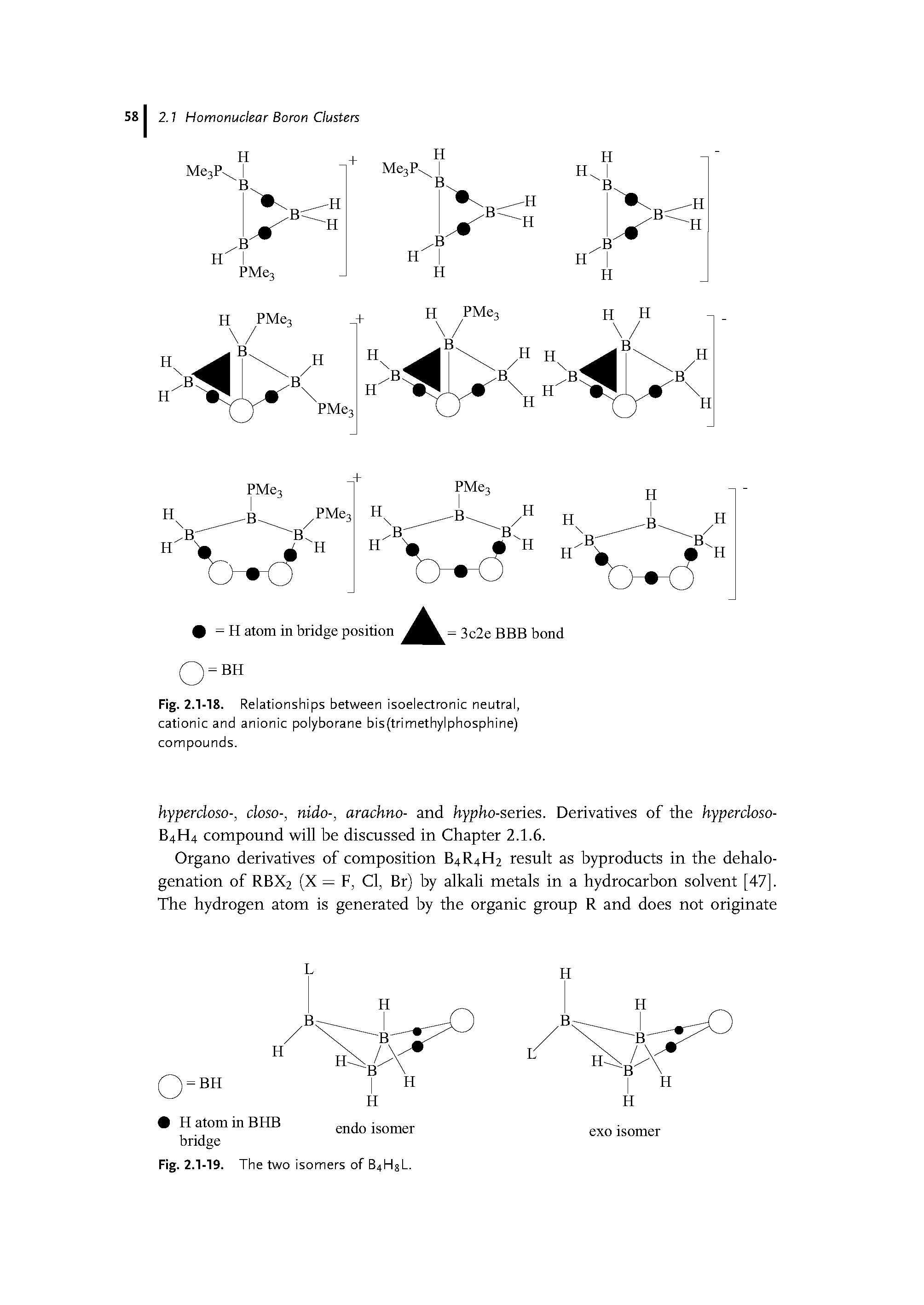 Fig. 2.1-18. Relationships between isoelectronic neutral, cationic and anionic polyborane bis(trimethylphosphine) compounds.