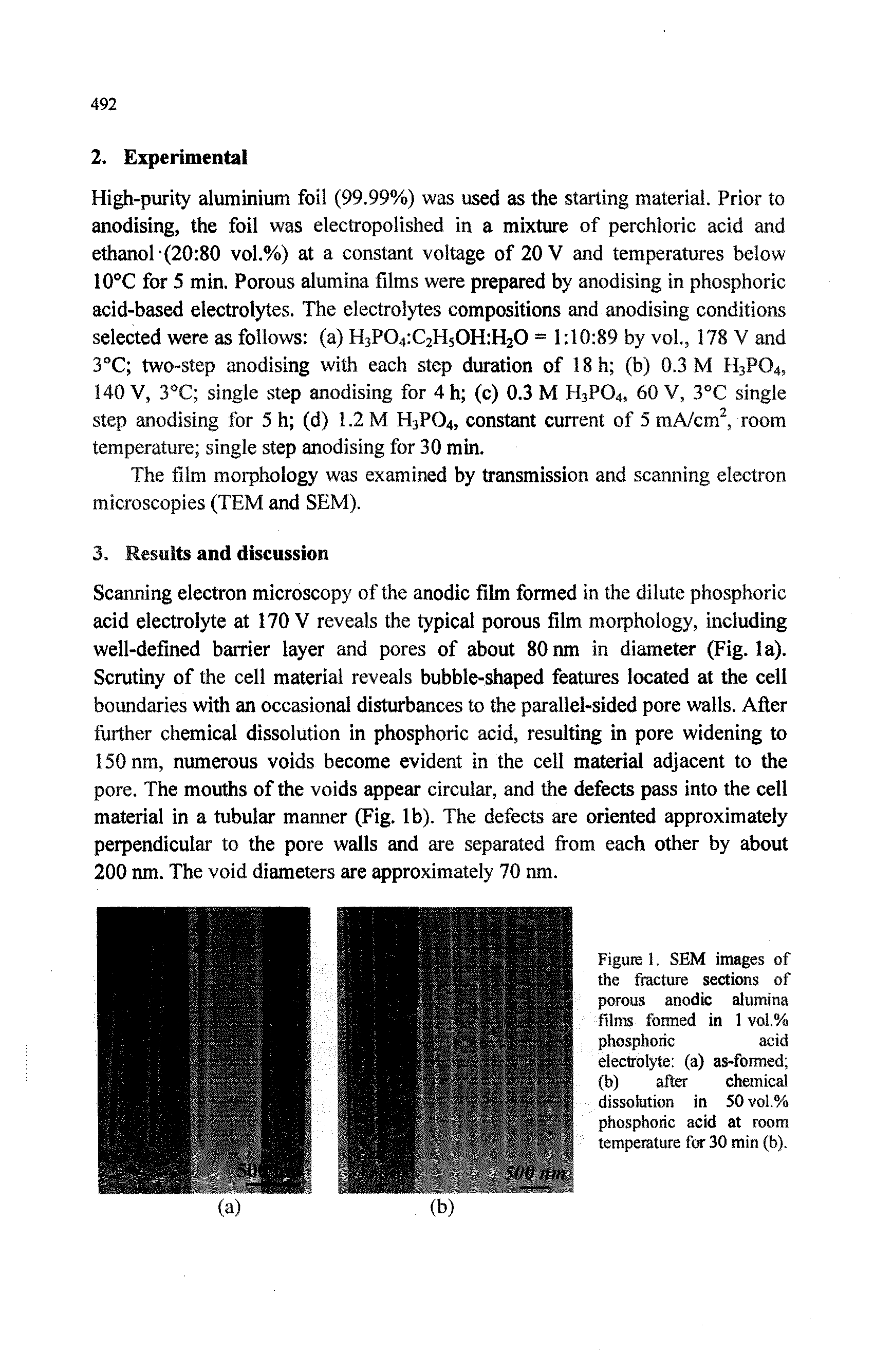 Figure 1. SEM images of the fracture sections of porous anodic alumina films formed in 1 vol.% phosphoric acid...