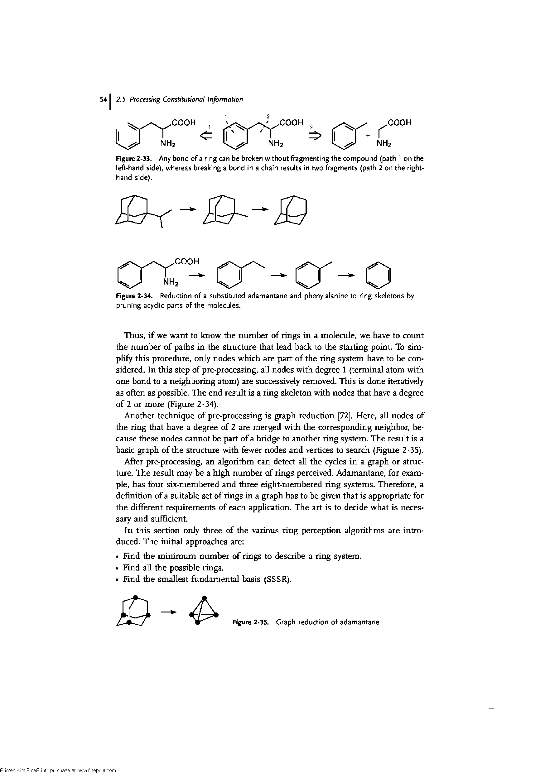 Figure 2-34. Reduction of a substituted adamantane and phenylalanine to ring skeletons by pruning acyclic parts of the molecules.