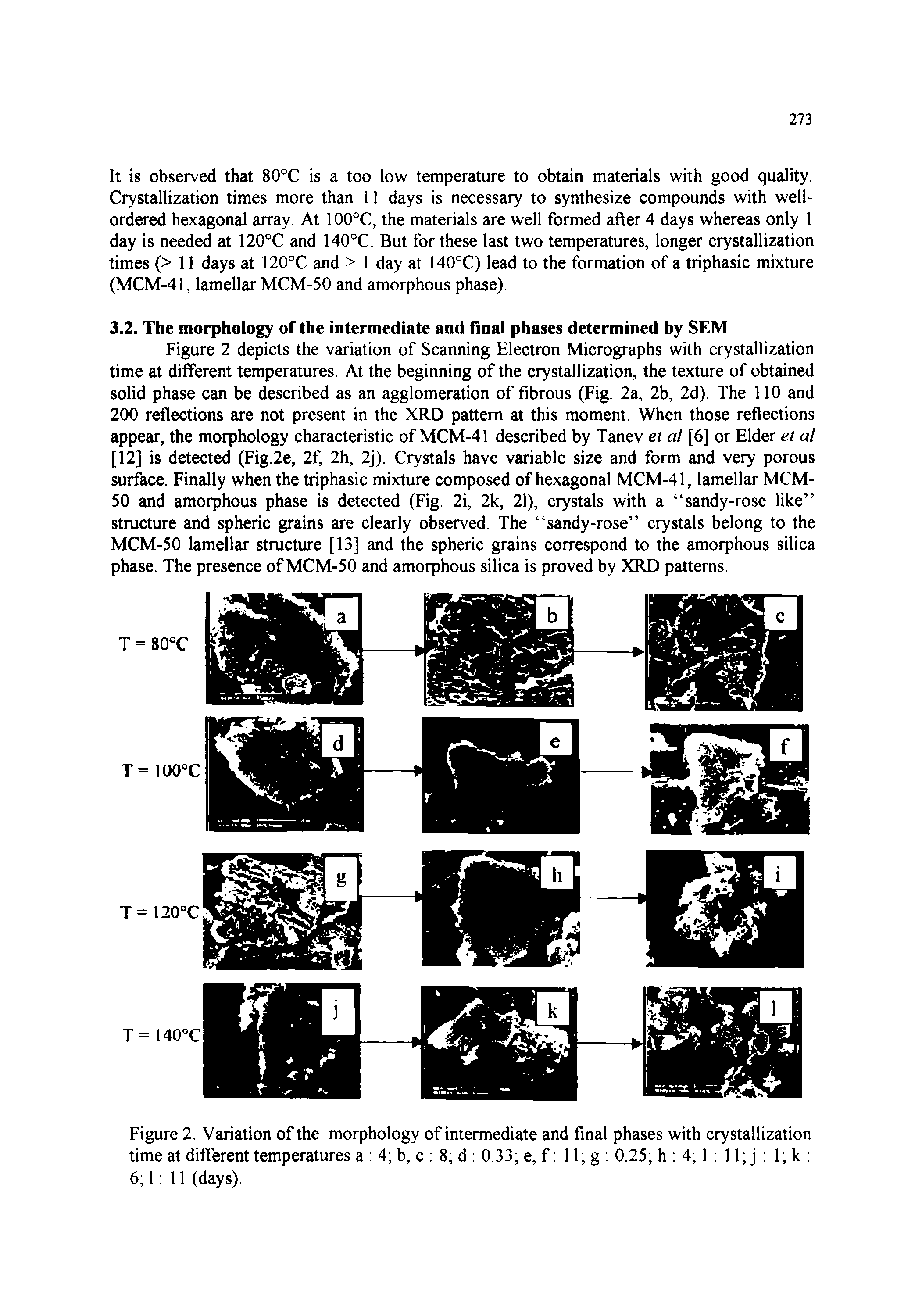 Figure 2 depicts the variation of Scanning Electron Micrographs with crystallization time at different temperatures. At the beginning of the crystallization, the texture of obtained solid phase can be described as an agglomeration of fibrous (Fig. 2a, 2b, 2d). The 110 and 200 reflections are not present in the XRD pattern at this moment. When those reflections appear, the morphology characteristic of MCM-41 described by Tanev et al [6] or Elder et al [12] is detected (Fig,2e, 2f, 2h, 2j). Crystals have variable size and form and very porous surface. Finally when the triphasic mixture composed of hexagonal MCM-41, lamellar MCM-50 and amorphous phase is detected (Fig. 2i, 2k, 21), crystals with a sandy-rose like structure and spheric grains are clearly observed. The sandy-rose crystals belong to the MCM-50 lamellar structure [13] and the spheric grains correspond to the amorphous silica phase. The presence of MCM-50 and amorphous silica is proved by XRD patterns.