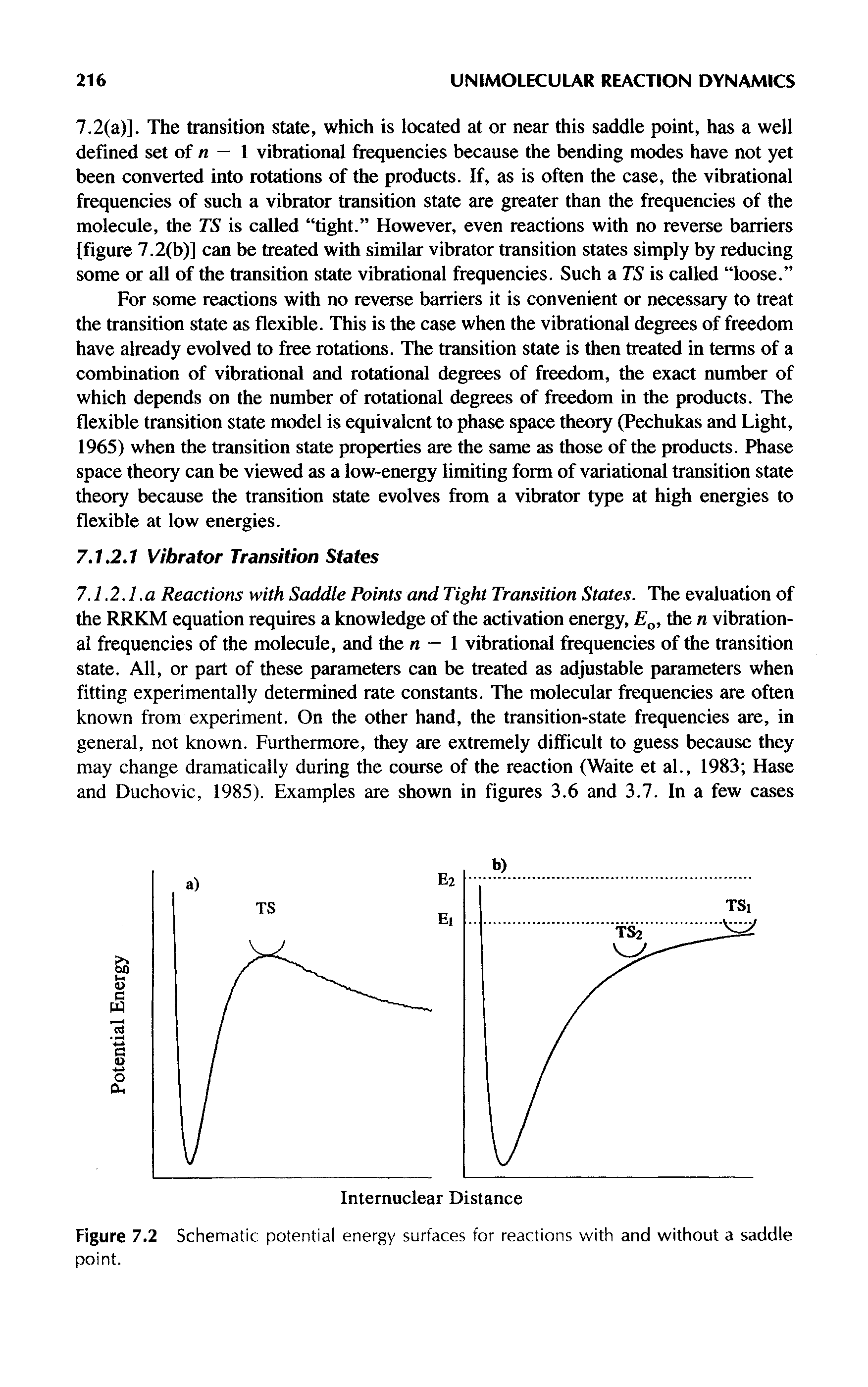 Figure 7.2 Schematic potential energy surfaces for reactions with and without a saddle point.