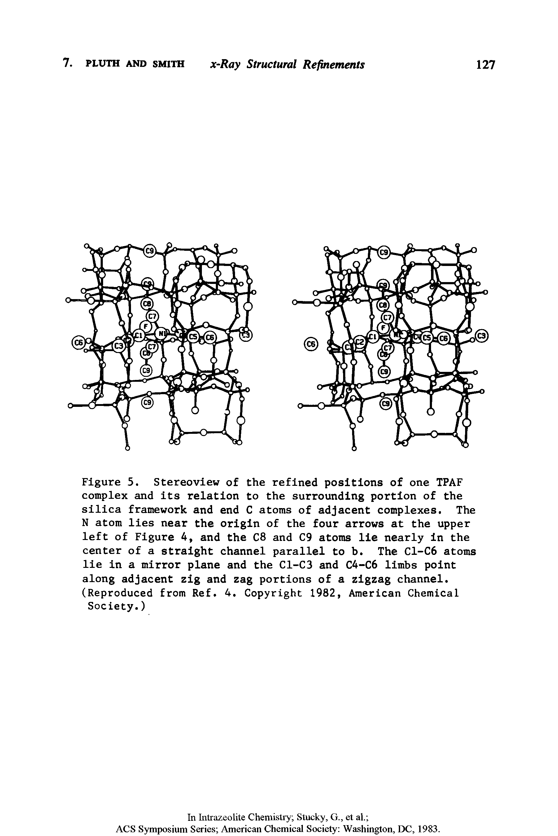 Figure 5. Stereoview of the refined positions of one TPAF complex and Its relation to the surrounding portion of the silica framework and end C atoms of adjacent complexes. The N atom lies near the origin of the four arrows at the upper left of Figure 4, and the C8 and C9 atoms lie nearly in the center of a straight channel parallel to b. The C1-C6 atoms lie in a mirror plane and the C1-C3 and C4-C6 limbs point along adjacent zig and zag portions of a zigzag channel. (Reproduced from Ref. 4. Copyright 1982, American Chemical Society.)...