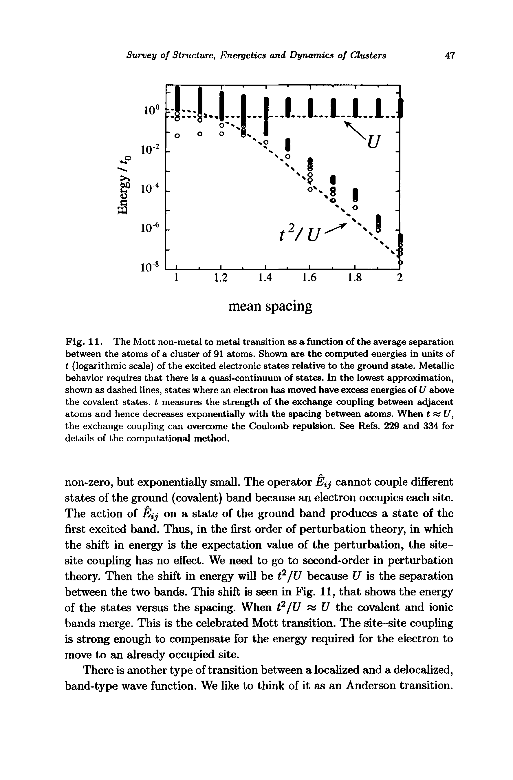 Fig. 11. The Mott non-metal to metal transition as a function of the average sei>aration between the atoms of a cluster of 91 atoms. Shown are the computed energies in units of t (logarithmic scale) of the excited electronic states relative to the ground state. Metallic behavior requires that there is a quasi-continuum of states. In the lowest approximation, shown as dashed lines, states where an electron has moved have excess energies of U above the covalent states, t measures the strength of the exchange coupling between adjacent atoms and hence decreases exponentially with the spacing between atoms. When tsiU, the exchange coupling can overcome the Coulomb repulsion. See Refs. 229 and 334 for details of the computational method.
