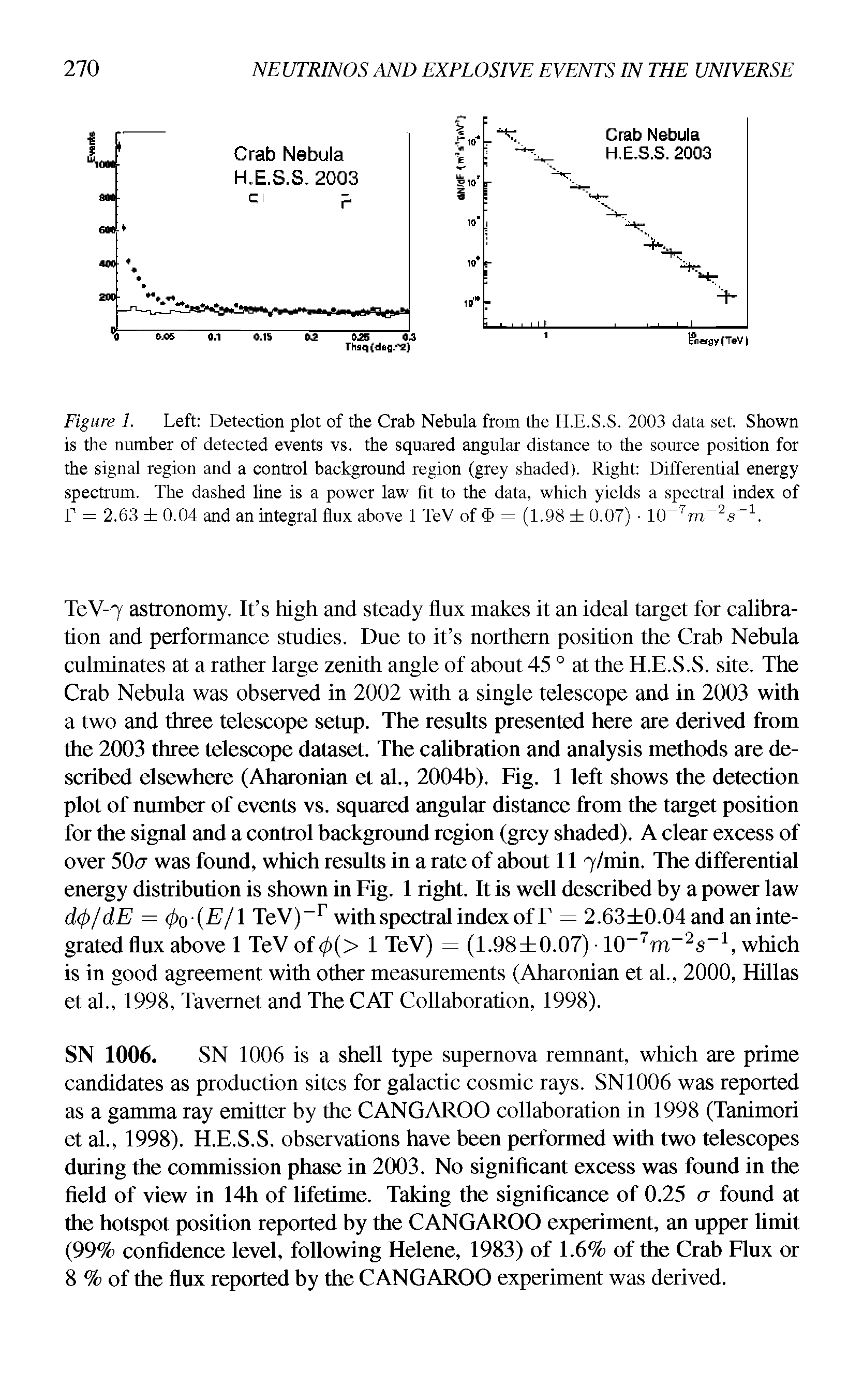 Figure 1. Left Detection plot of the Crab Nebula from the H.E.S.S. 2003 data set. Shown is the number of detected events vs. the squared angular distance to the source position for the signal region and a control background region (grey shaded). Right Differential energy spectrum. The dashed line is a power law fit to the data, which yields a spectral index of T = 2.63 0.04 and an integral flux above 1 TeV of <f> = (1.98 0.07) 10 7m 2s-1.