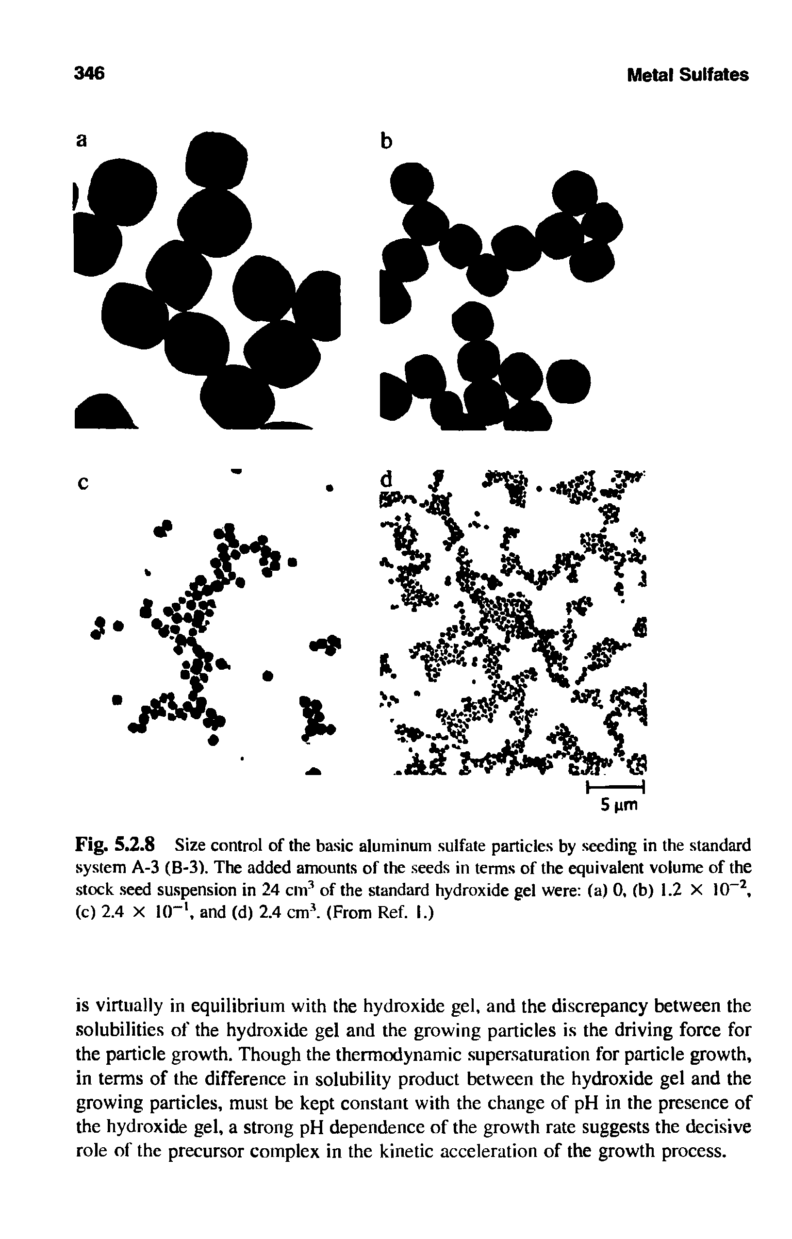 Fig. 5.2.8 Size control of the basic aluminum sulfate particles by seeding in the standard system A-3 (B-3). The added amounts of the seeds in terms of the equivalent volume of the stock seed suspension in 24 cm3 of the standard hydroxide gel were (a) 0, (b) 1.2 X 10 2, (c) 2.4 X 10-1, and (d) 2.4 cm3. (From Ref. I.)...
