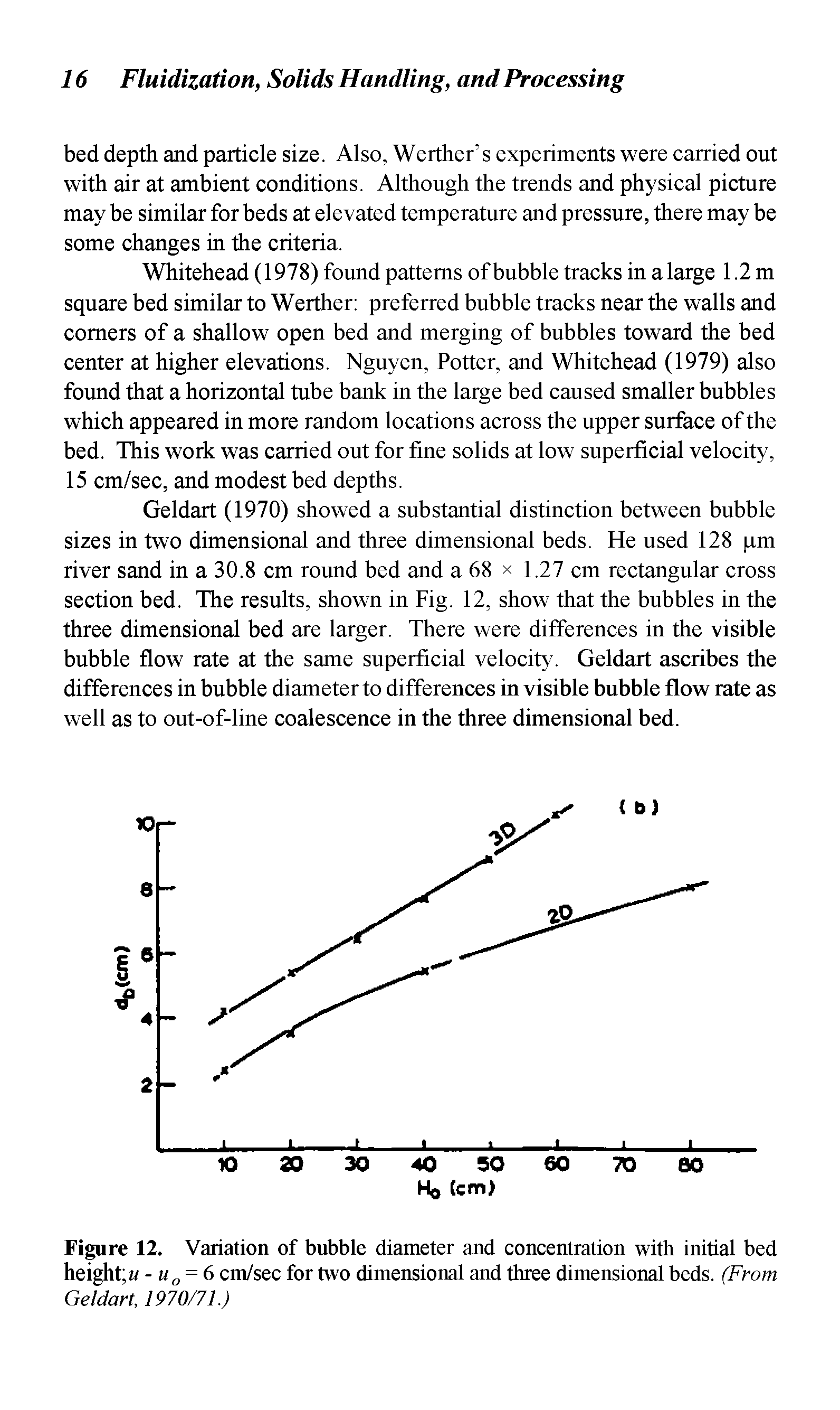 Figure 12. Variation of bubble diameter and concentration with initial bed height / - uG = 6 cm/sec for two dimensional and three dimensional beds. (From Geldart, 1970/71.)...