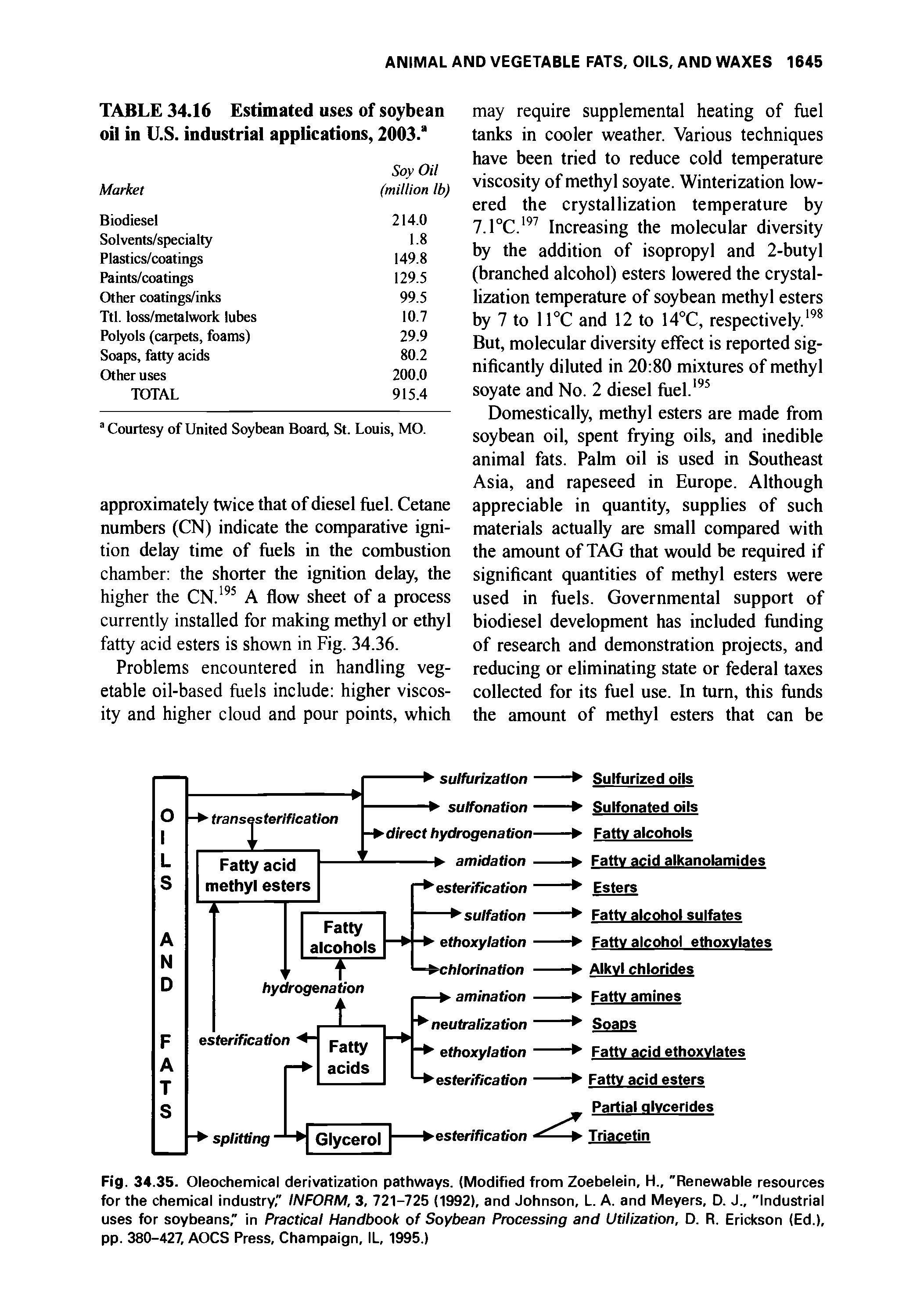 Fig. 34.35. Oleochemical derivatization pathways. (Modified from Zoebelein, H "Renewable resources for the chemical industry," INFORM, 3, 721-725 (1992), and Johnson, L. A. and Meyers, D. J "Industrial uses for soybeans," in Practical Handbook of Soybean Processing and Utilization, D. R. Erickson (Ed.), pp. 380-427, AOCS Press, Champaign, IL, 1995.)...