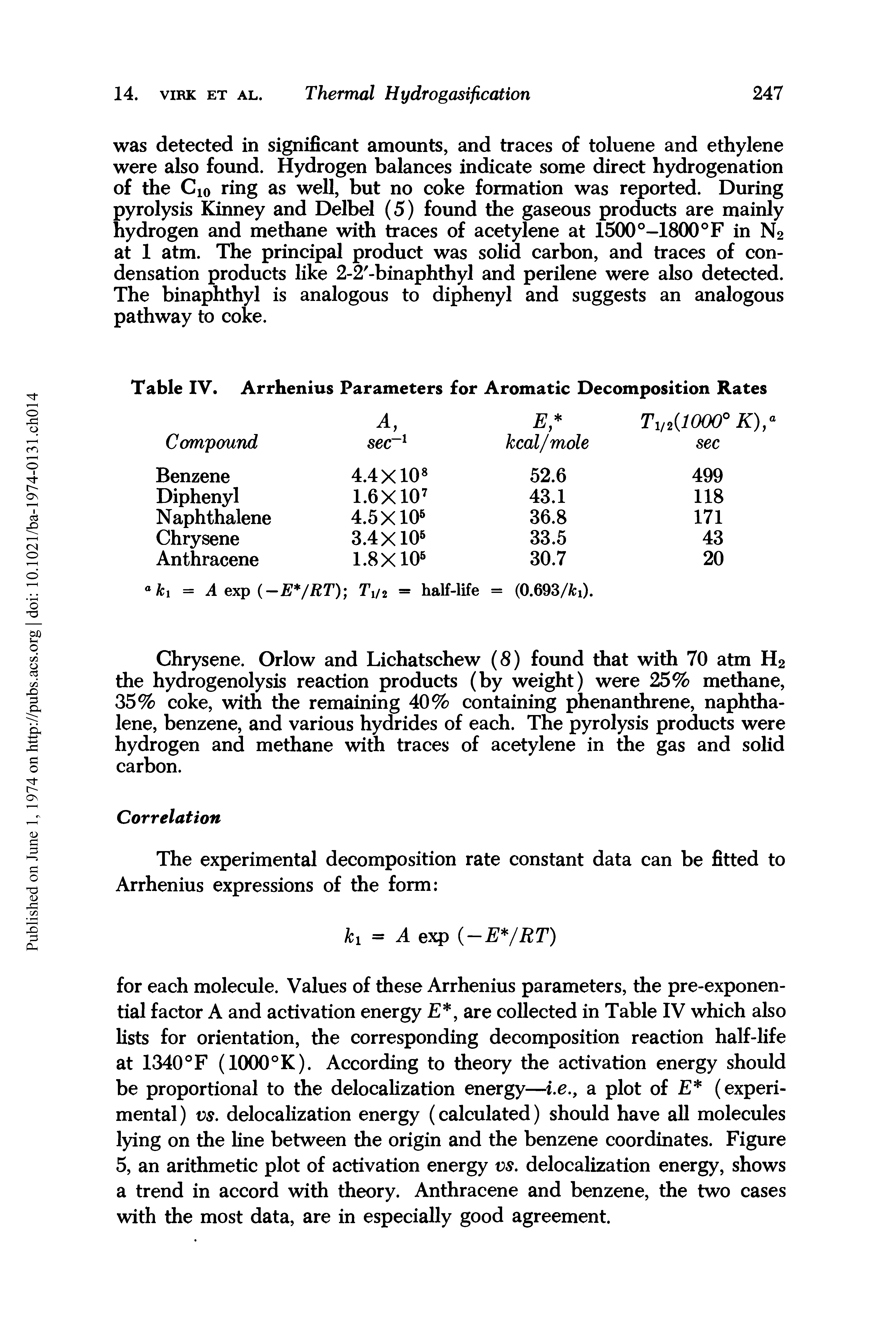 Table IV. Arrhenius Parameters for Aromatic Decomposition Rates...