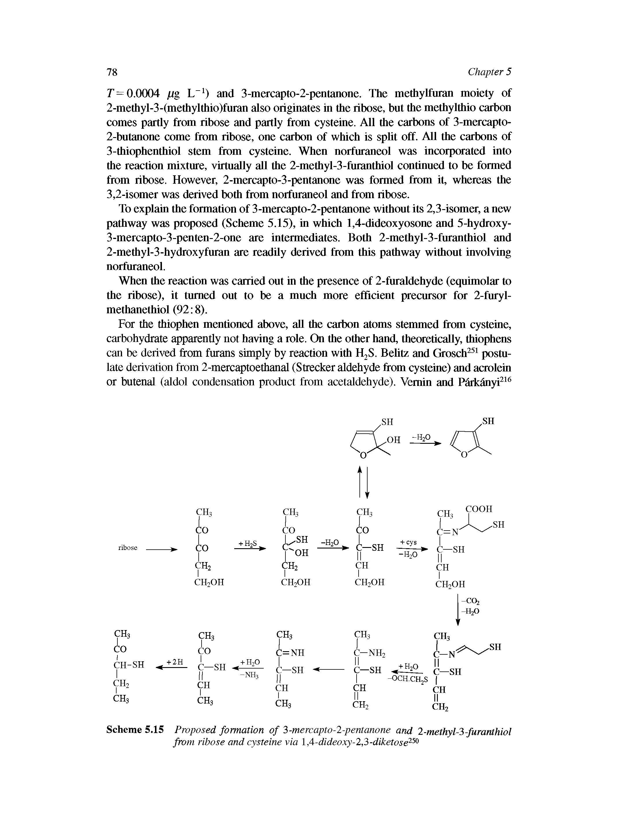Scheme 5.15 Proposed formation of 3-mercapto-2-pentanone and 2-methyl-3-furanthiol from ribose and cysteine via l,4-dideoxy-2,3-diketose2X...