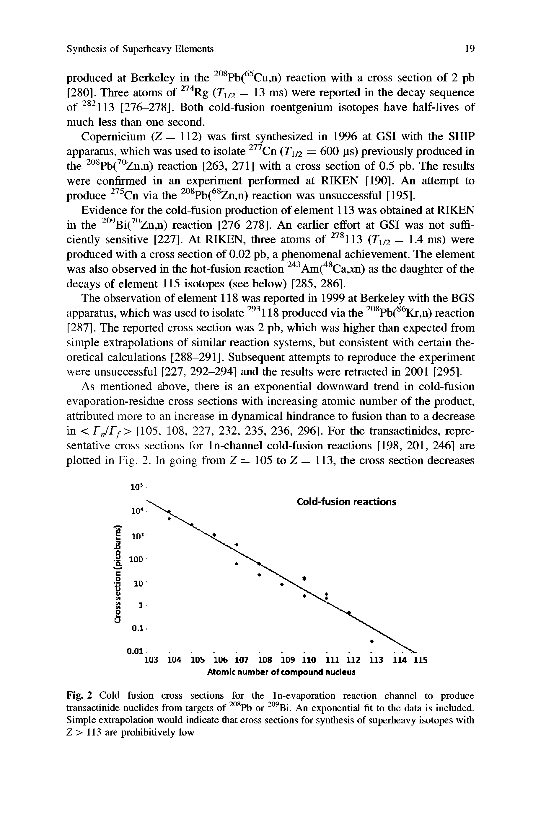 Fig. 2 Cold fusion cross sections for the In-evaporation reaction charmel to produce transactinide nuclides fiom targets of or An exponential fit to the data is included. Simple extrapolation would indicate that cross sections for synthesis of superheavy isotopes with Z > 113 are prohibitively low...