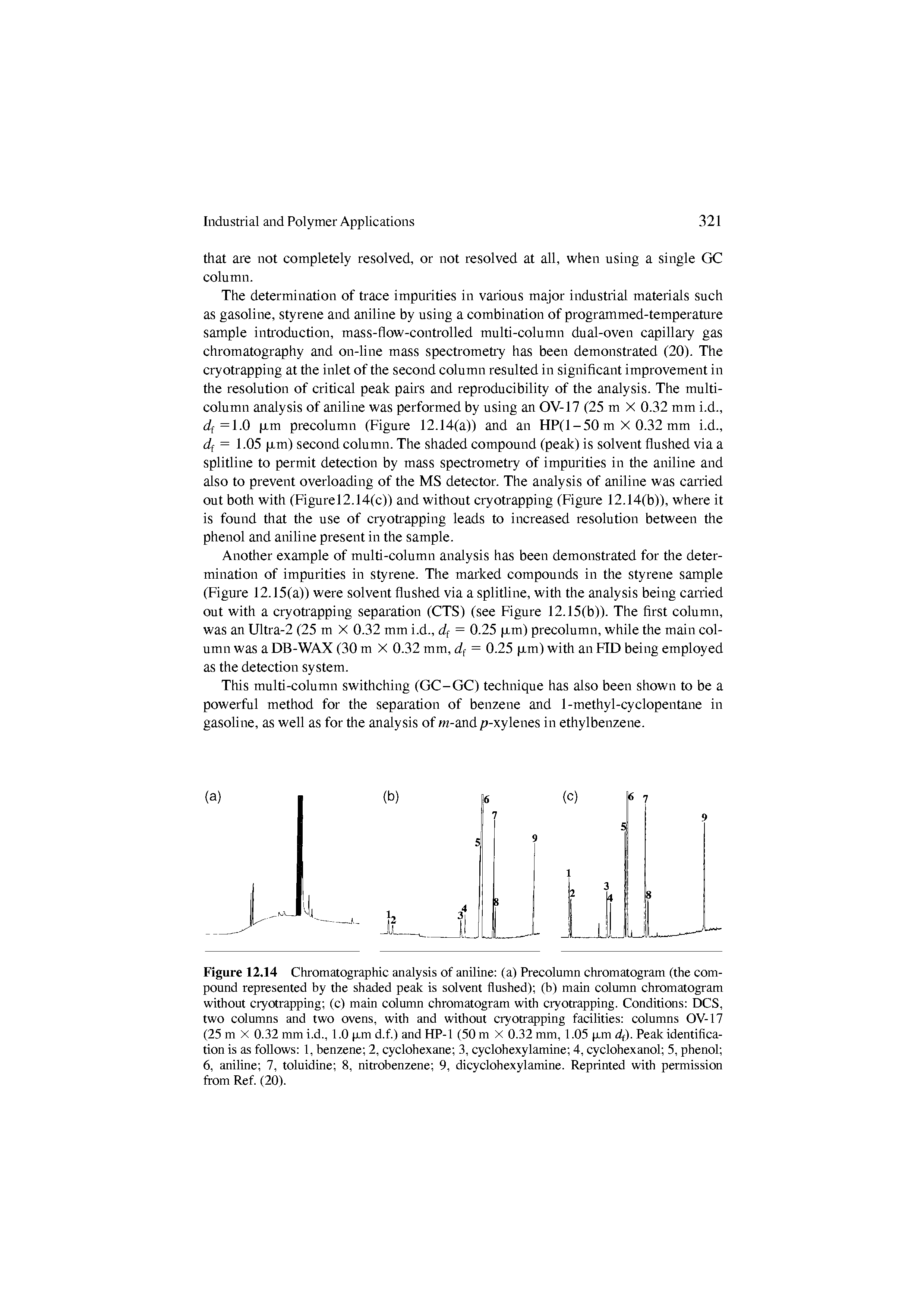 Figure 12.14 Chromatographic analysis of aniline (a) Precolumn chromatogram (the compound represented by the shaded peak is solvent flushed) (b) main column chromatogram without cryotrapping (c) main column chromatogram with ciyottapping. Conditions DCS, two columns and two ovens, with and without ciyottapping facilities columns OV-17 (25 m X 0.32 mm i.d., 1.0 p.m d.f.) and HP-1 (50 m X 0.32 mm, 1.05 p.m df). Peak identification is as follows 1, benzene 2, cyclohexane 3, cyclohexylamine 4, cyclohexanol 5, phenol 6, aniline 7, toluidine 8, nittobenzene 9, dicyclohexylamine. Reprinted with permission from Ref. (20).