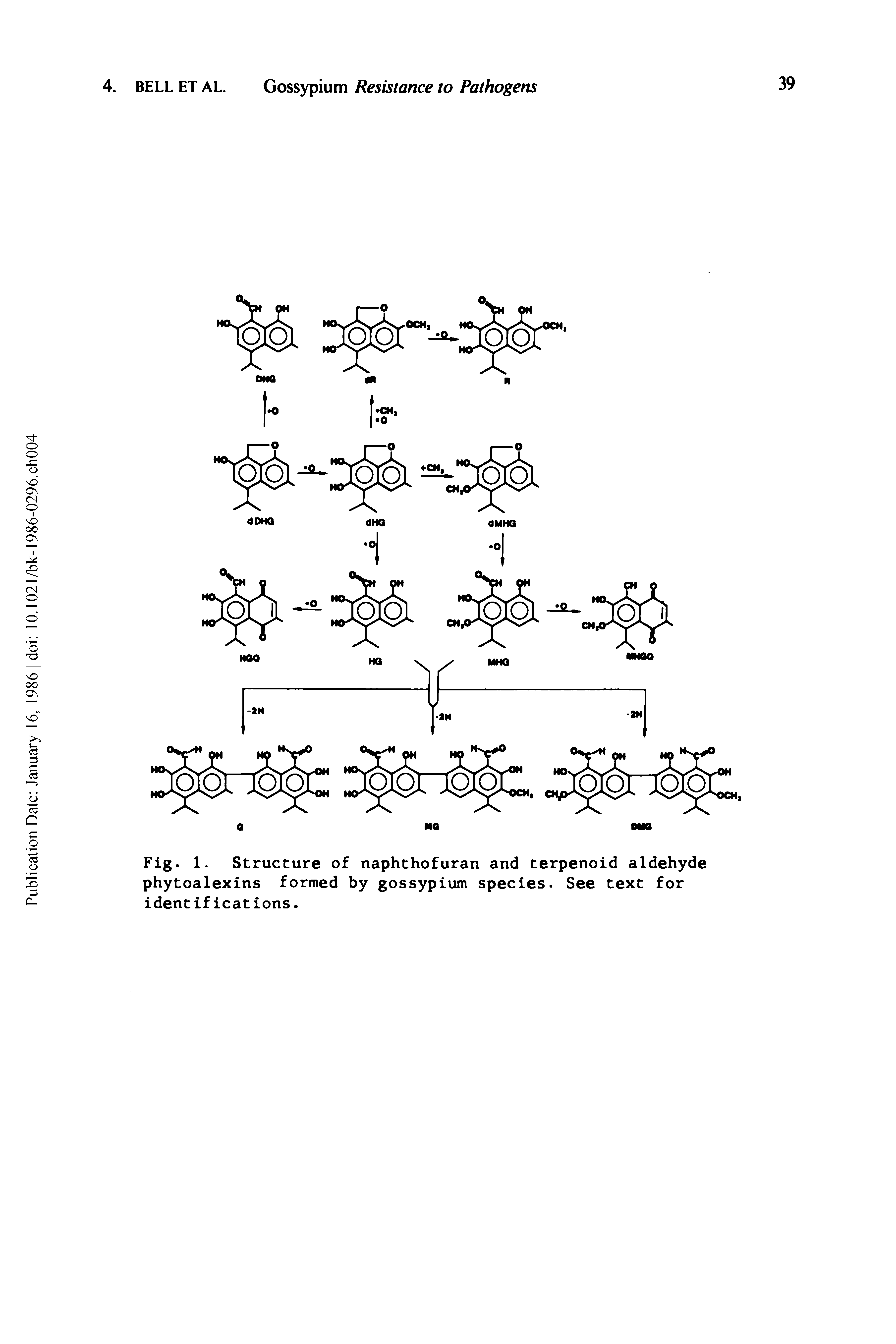 Fig. 1. Structure of naphthofuran and terpenoid aldehyde phytoalexins formed by gossypium species. See text for identifications.