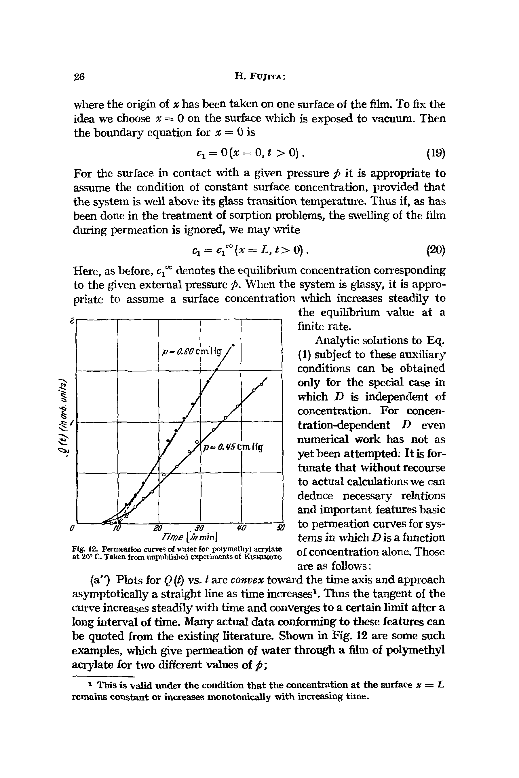 Fig. 12. Permeation curves of water for polymethyl acrylate at 20° C. Taken from unpublished experiments of Kishimoto...