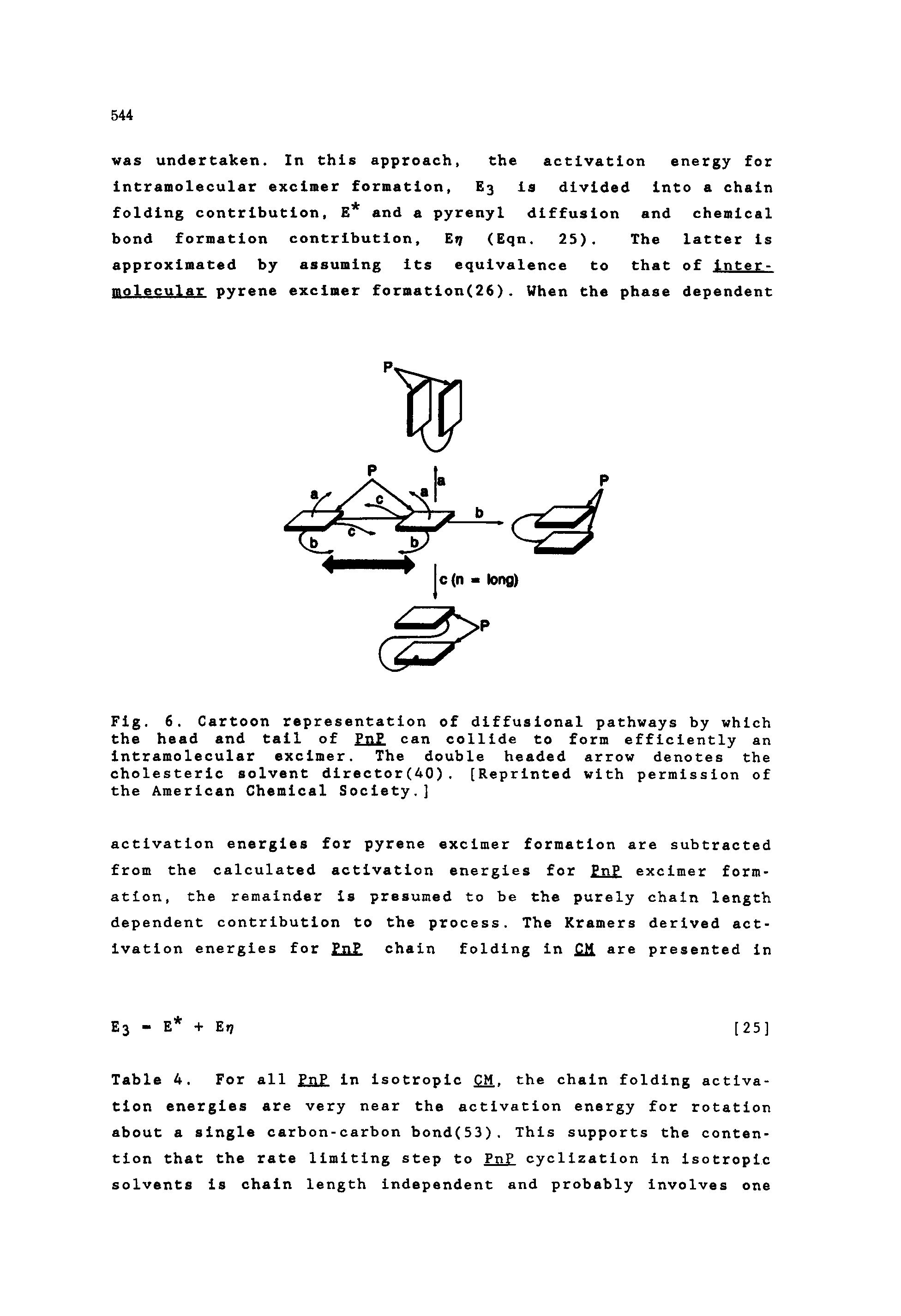 Fig. 6. Cartoon representation of diffuslonal pathways by which the head and tail of PnP can collide to form efficiently an Intramolecular excimer. The double headed arrow denotes the cholesteric solvent director(40). [Reprinted with permission of the American Chemical Society.]...