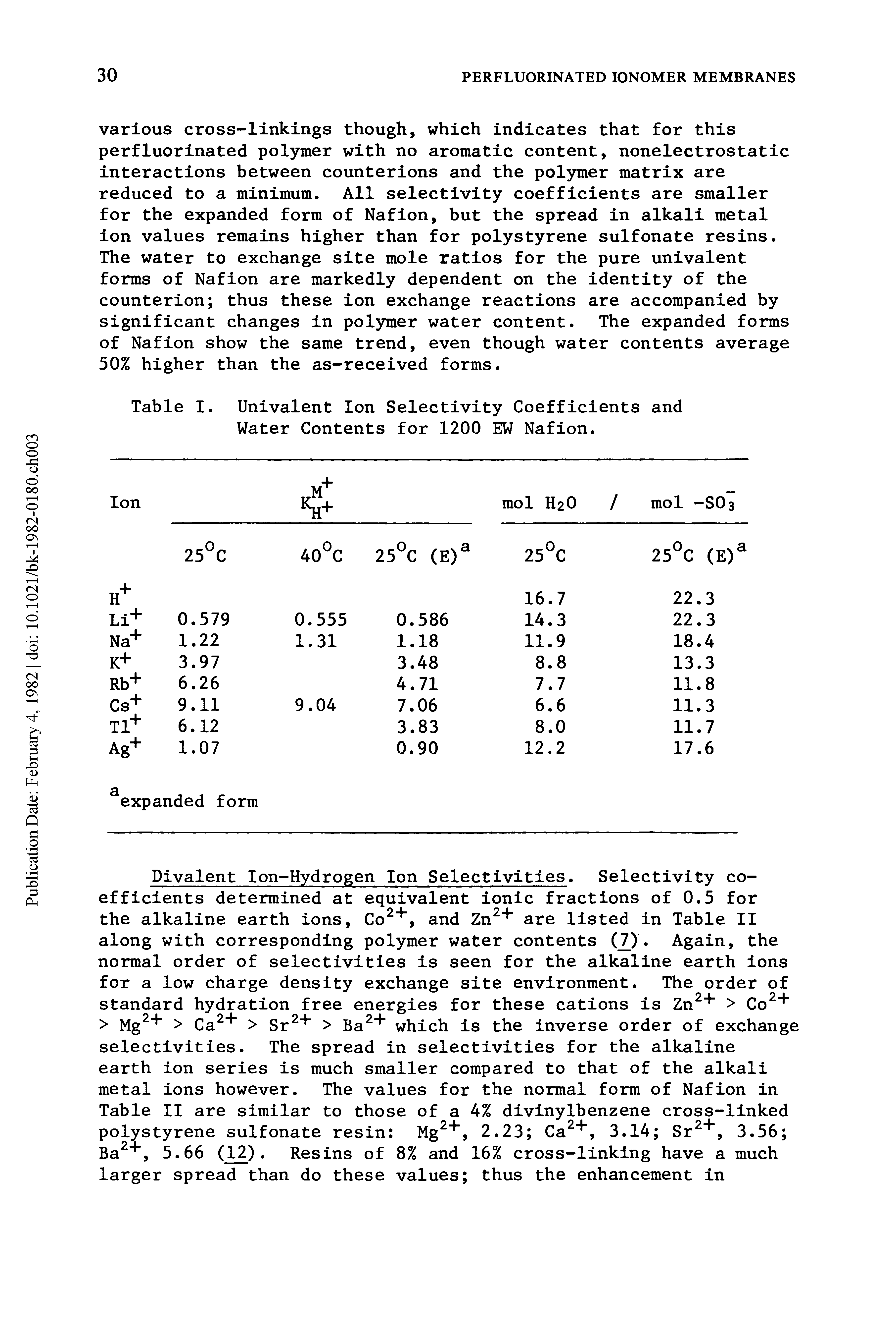 Table I. Univalent Ion Selectivity Coefficients and Water Contents for 1200 EW Nafion.