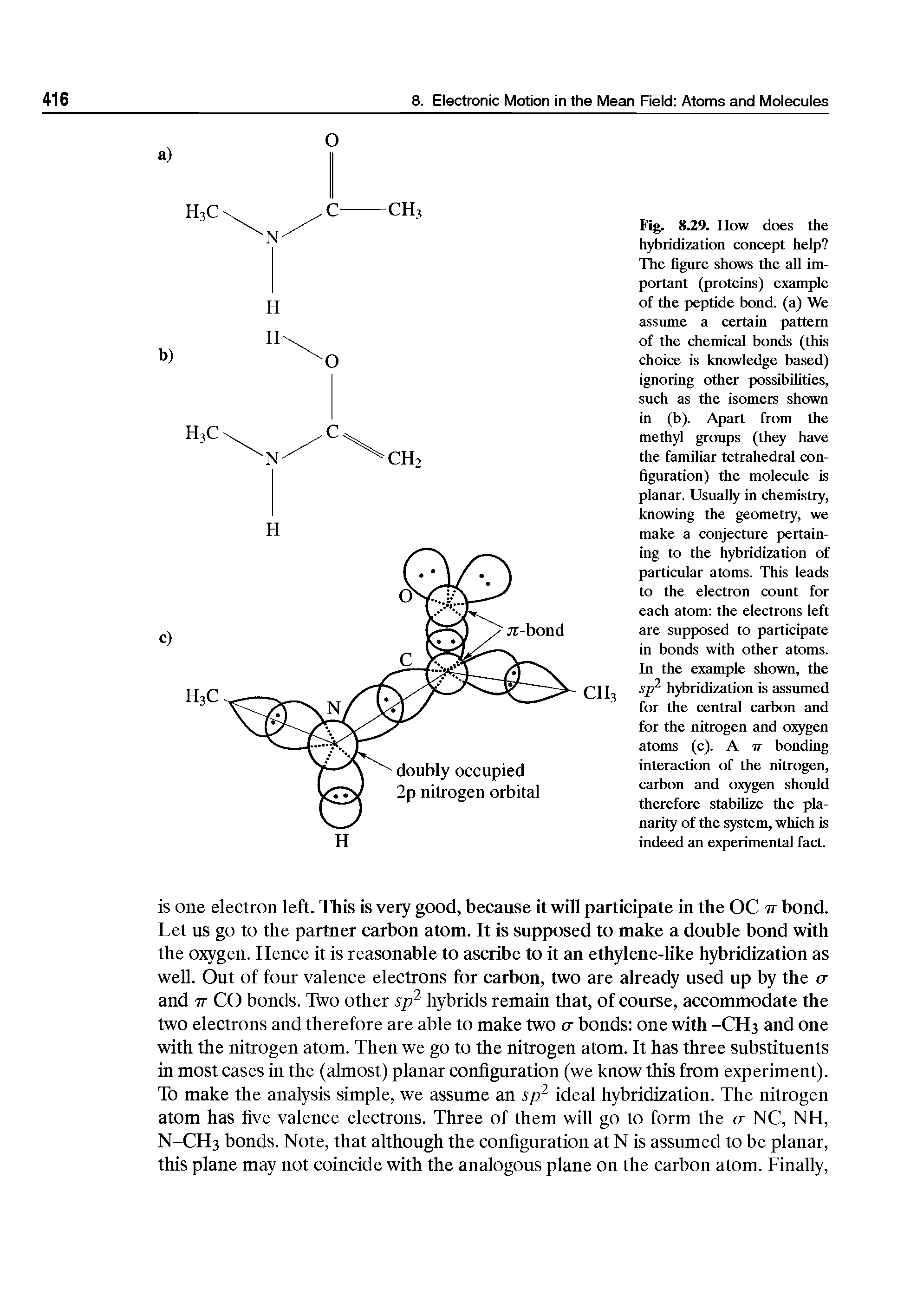 Fig. 8.29. How does the hybridization concept help The figure shows the all important (proteins) example of the peptide bond, (a) We assume a certain pattern of the chemical bonds (this choice is knowledge based) ignoring other possibilities, such as the isomers shown in (b). Apart from the methyl groups (they have the familiar tetrahedral configuration) the molecule is planar. Usually in chemistry, knowing the geometry, we make a conjecture pertaining to the hybridization of particular atoms. This leads to the electron count for each atom the electrons left are supposed to participate in bonds with other atoms. In the example shown, the sjp hybridization is assumed for the central carbon and for the nitrogen and o gen atoms (c). A ir bonding interaction of the nitrogen, carbon and o gen should therefore stabilize the planarity of the system, which is indeed an experimental fact.