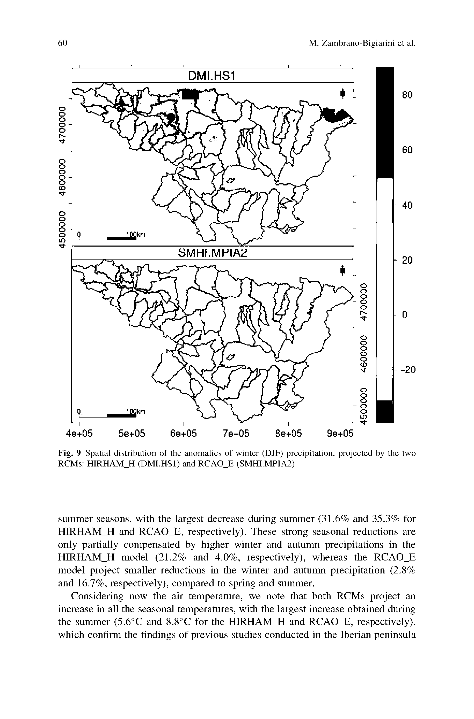 Fig. 9 Spatial distribution of the anomalies of winter (DJF) precipitation, projected by the two RCMs HIRHAM H (DMI.HS1) and RCAO E (SMHI.MPIA2)...