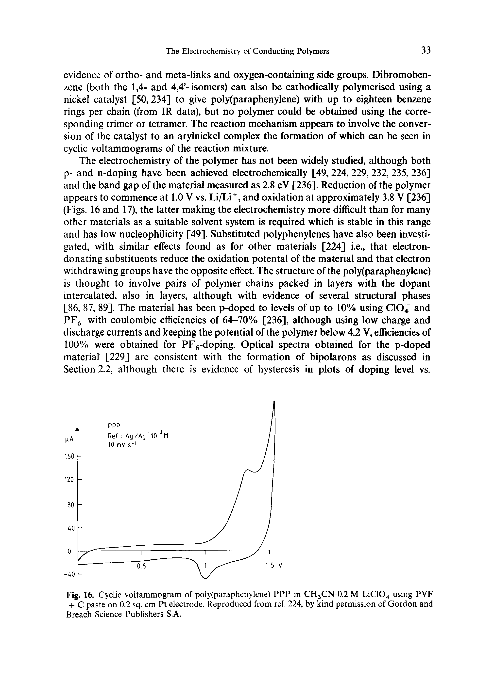 Fig. 16. Cyclic voltammogram of poly(paraphenylene) PPP in CH3CN-0.2 M LiC104 using PVF + C paste on 0.2 sq. cm Pt electrode. Reproduced from ref. 224, by kind permission of Gordon and Breach Science Publishers S.A.