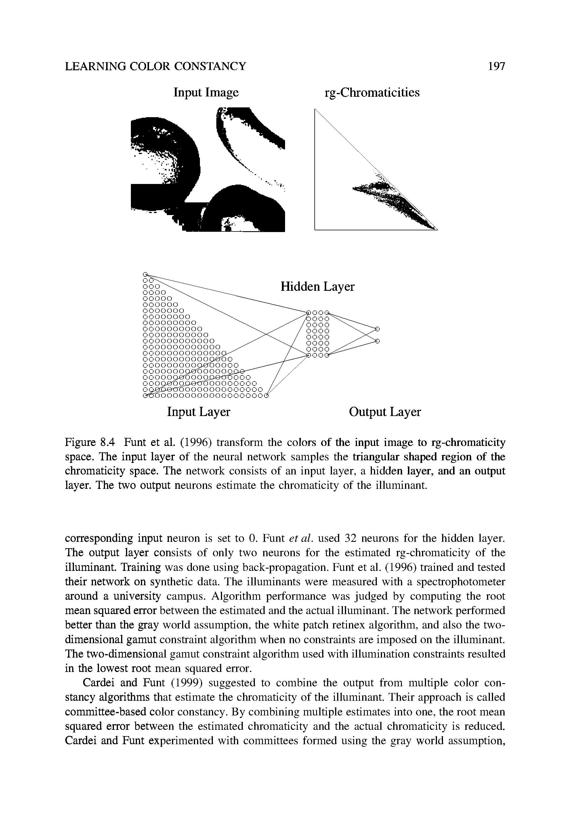 Figure 8.4 Funt et al. (1996) transform the colors of the input image to rg-chromaticity space. The input layer of the neural network samples the triangular shaped region of the chromaticity space. The network consists of an input layer, a hidden layer, and an output layer. The two output neurons estimate the chromaticity of the illuminant.