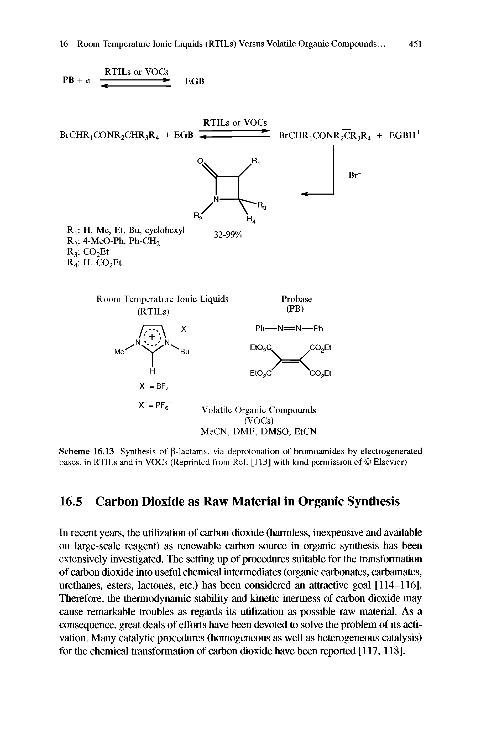 Scheme 16.13 Synthesis of P-lactams, via deprotonation of bromoamides by electrogenerated bases, in RTILs and in VOCs (Reprinted from Ref. [113] with kind permission of Elsevier)...