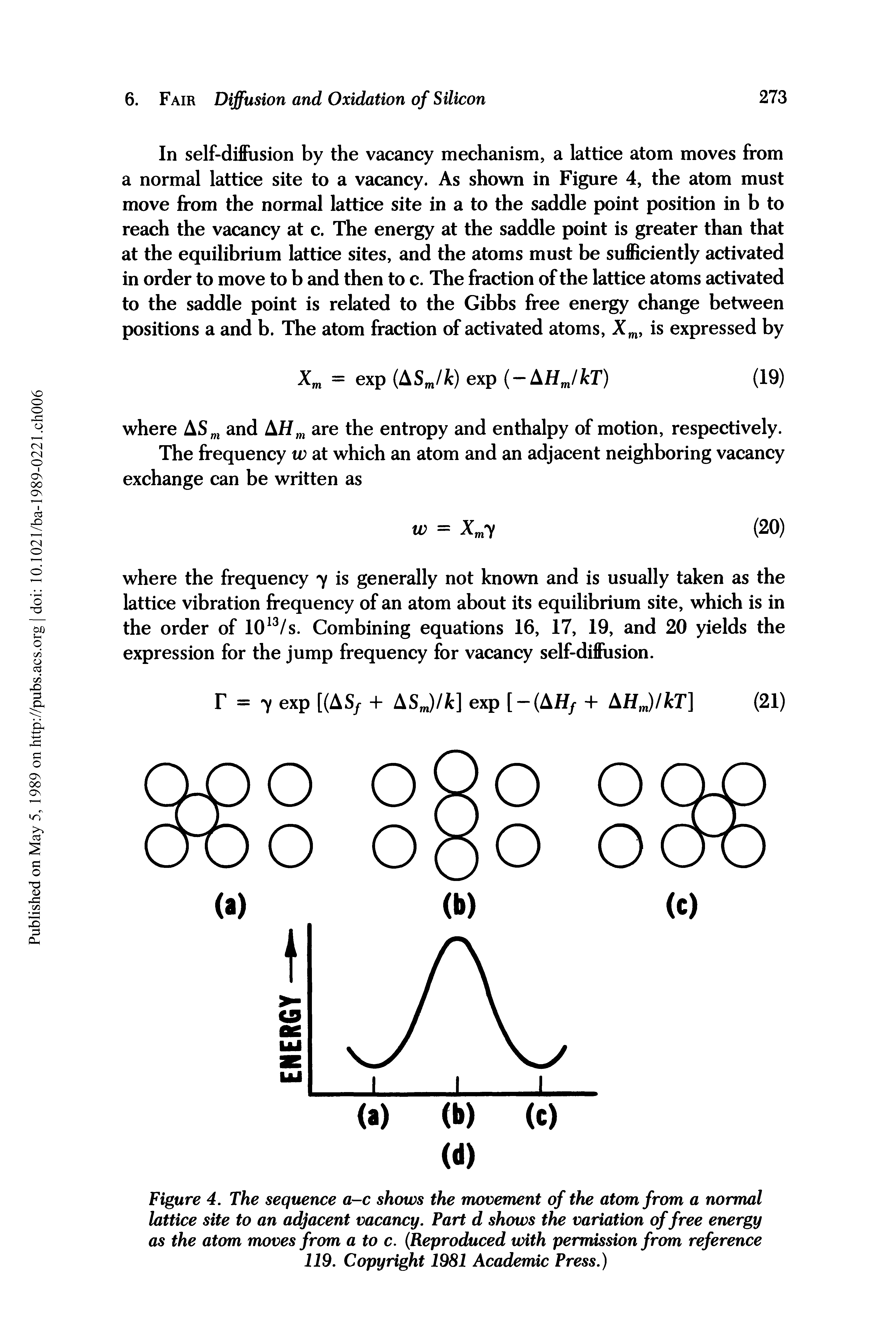 Figure 4. The sequence a-c shows the movement of the atom from a normal lattice site to an adjacent vacancy. Part d shows the variation of free energy as the atom moves from a to c. (Reproduced with permission from reference 119. Copyright 1981 Academic Press.)...
