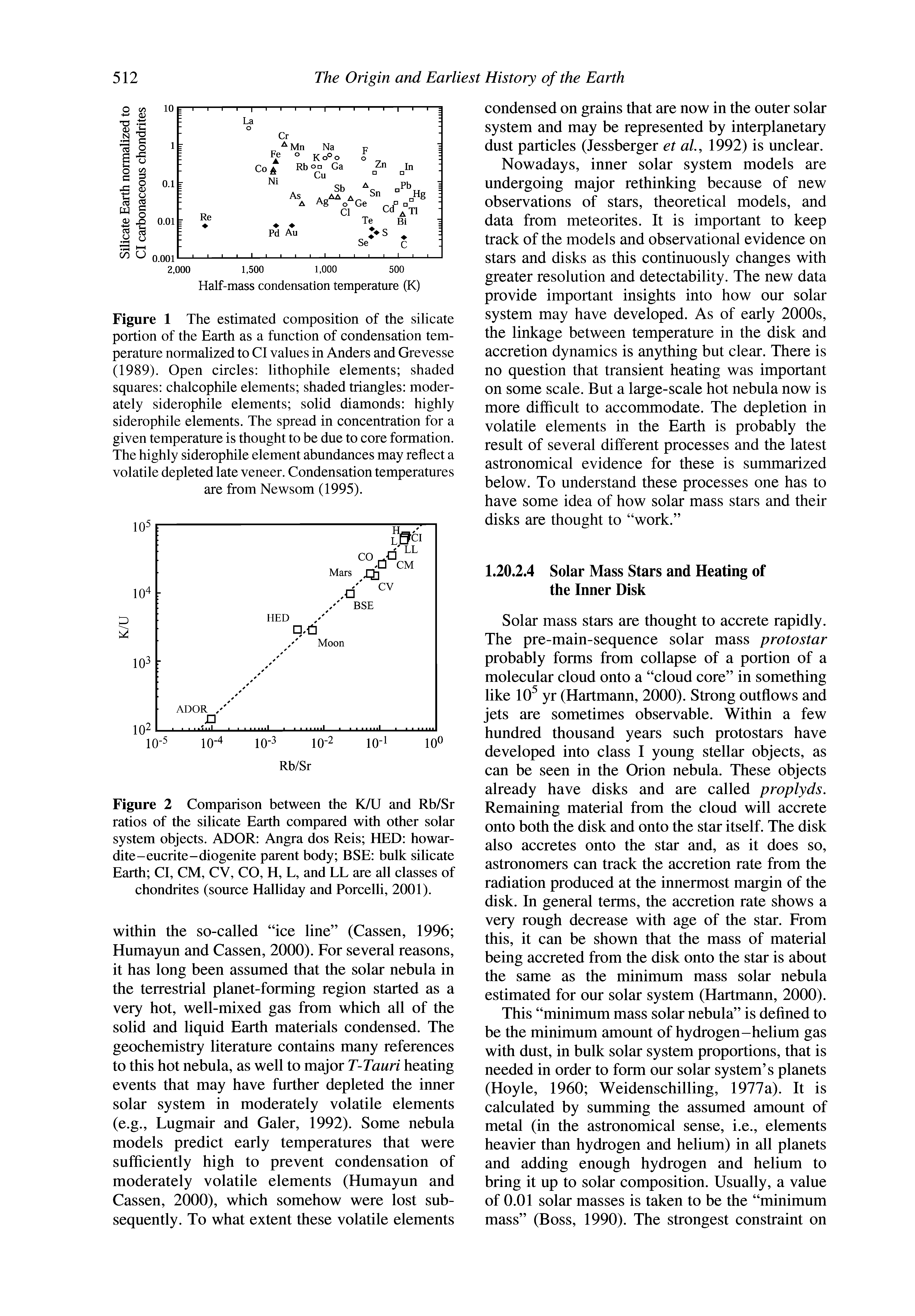 Figure 1 The estimated composition of the silicate portion of the Earth as a function of condensation temperature normalized to Cl values in Anders and Grevesse (1989). Open circles lithophile elements shaded squares chalcophile elements shaded triangles moderately siderophile elements solid diamonds highly siderophile elements. The spread in concentration for a given temperature is thought to be due to core formation. The highly siderophile element abundances may reflect a volatile depleted late veneer. Condensation temperatures are from Newsom (1995).