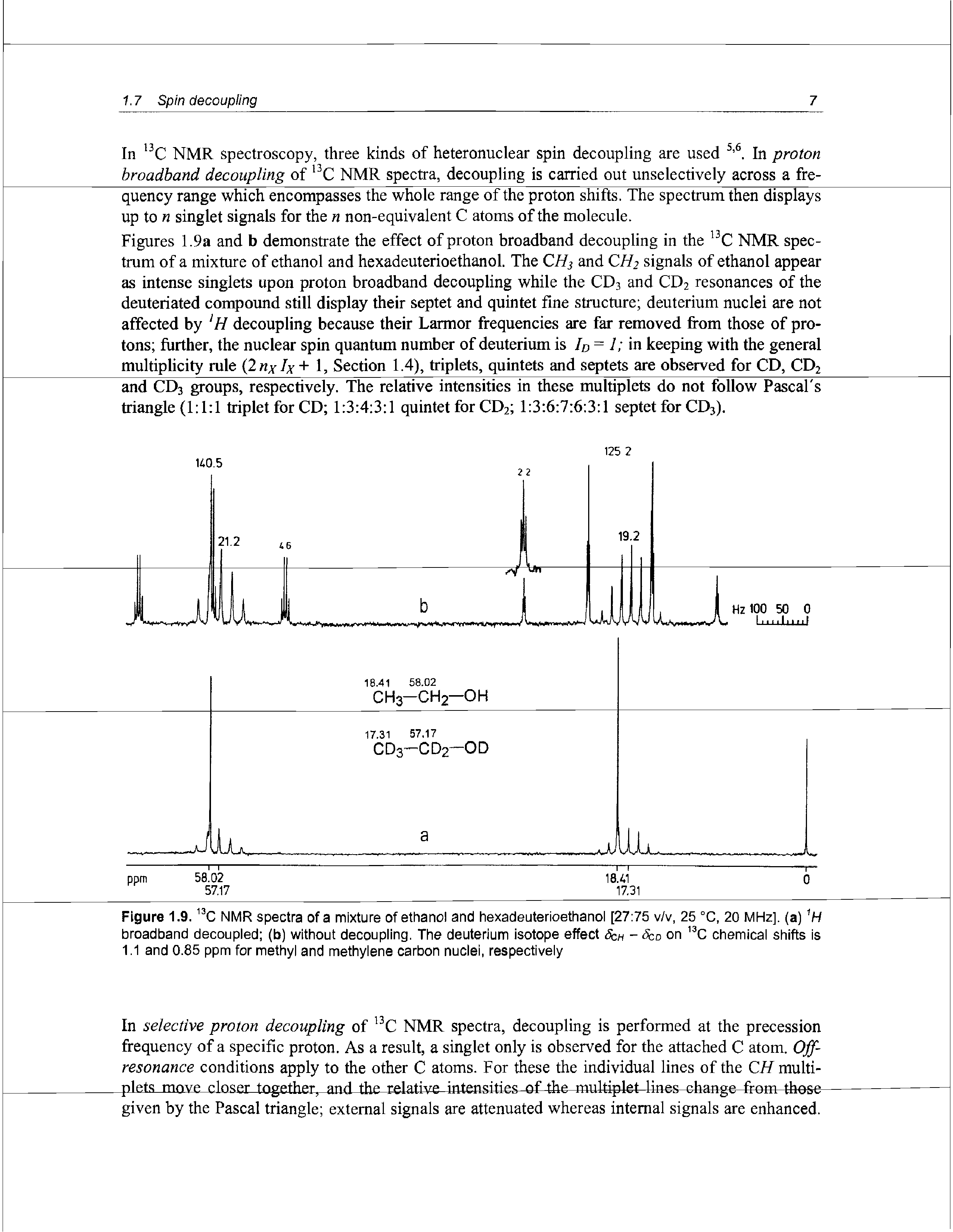 Figures 1.9a and b demonstrate the effect of proton broadband decoupling in the 13C NMR spectrum of a mixture of ethanol and hexadeuterioethanol. The CH3 and CH2 signals of ethanol appear as intense singlets upon proton broadband decoupling while the CD3 and CD2 resonances of the deuteriated compound still display their septet and quintet fine structure deuterium nuclei are not affected by lH decoupling because their Larmor frequencies are far removed from those of protons further, the nuclear spin quantum number of deuterium is ID = 1 in keeping with the general multiplicity rule (2 nxh+ 1, Section 1.4), triplets, quintets and septets are observed for CD, CD2 and CD3 groups, respectively. The relative intensities in these multiplets do not follow Pascal s triangle (1 1 1 triplet for CD 1 3 4 3 1 quintet for CD2 1 3 6 7 6 3 1 septet for CD3).