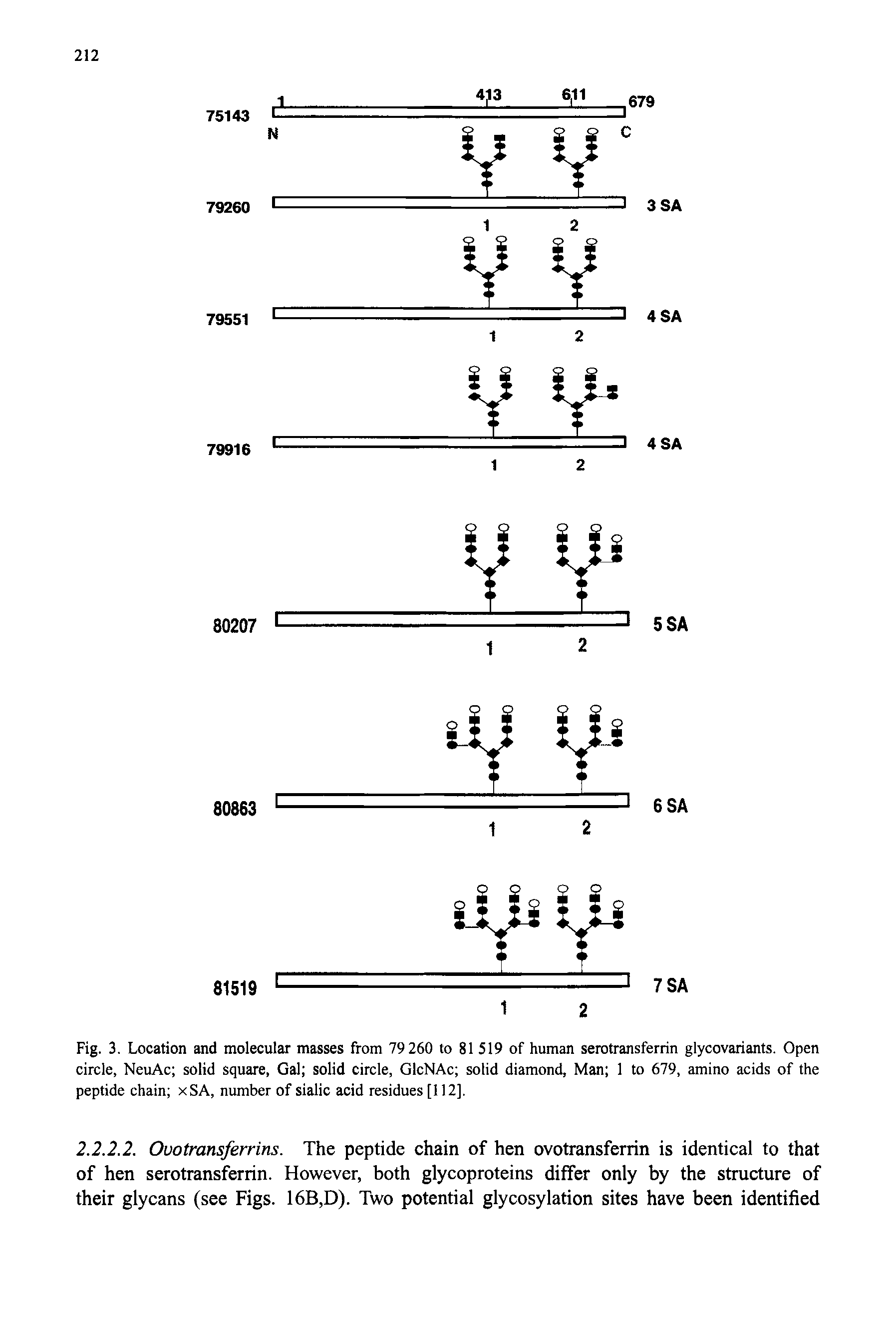 Fig. 3. Location and molecular masses from 79 260 to 81 519 of human serotransferrin glycovariants. Open circle, NeuAc solid square, Gal solid circle, GlcNAc solid diamond, Man 1 to 679, amino acids of the peptide chain xSA, number of sialic acid residues [112],...