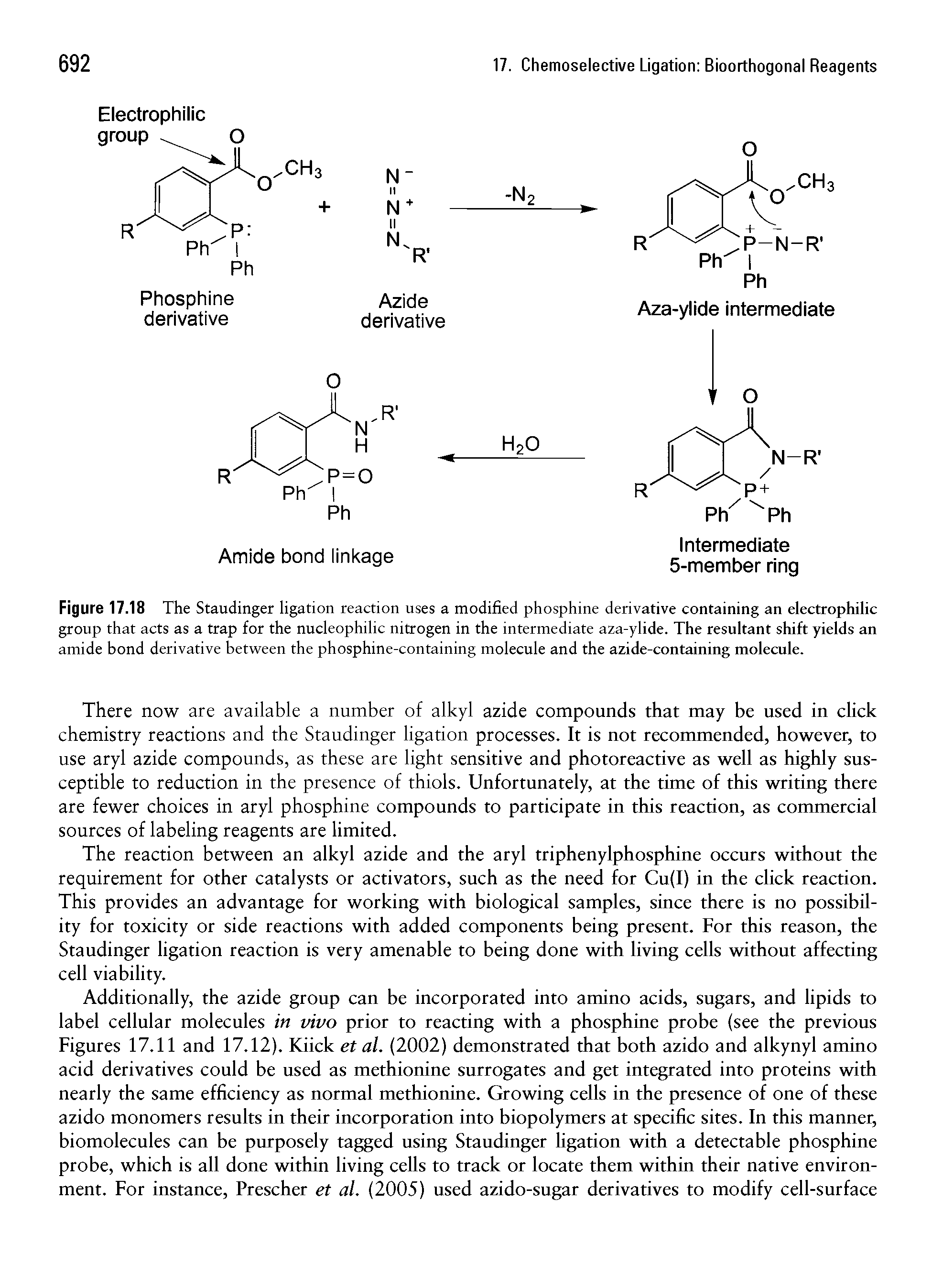 Figure 17.18 The Staudinger ligation reaction uses a modified phosphine derivative containing an electrophilic group that acts as a trap for the nucleophilic nitrogen in the intermediate aza-ylide. The resultant shift yields an amide bond derivative between the phosphine-containing molecule and the azide-containing molecule.