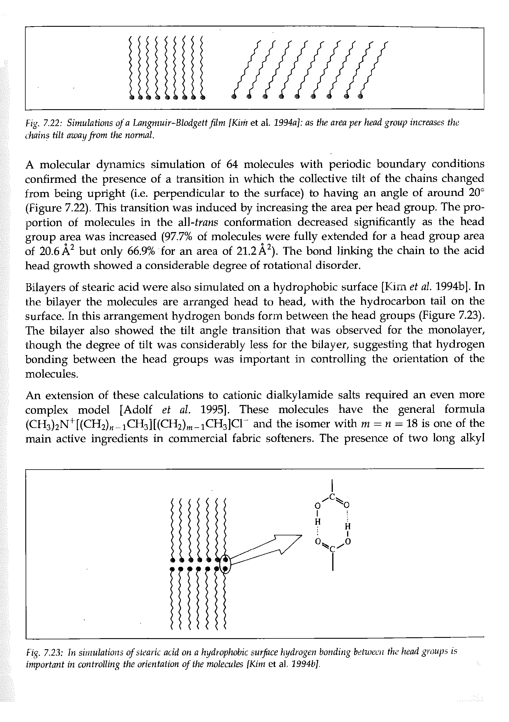 Fig. 7.23 In simulations of stearic add on a hydrophobic surface hydrogen bonding between the head groups is important in controlling the orientation of the molecules [Kim et al, 1994b],...