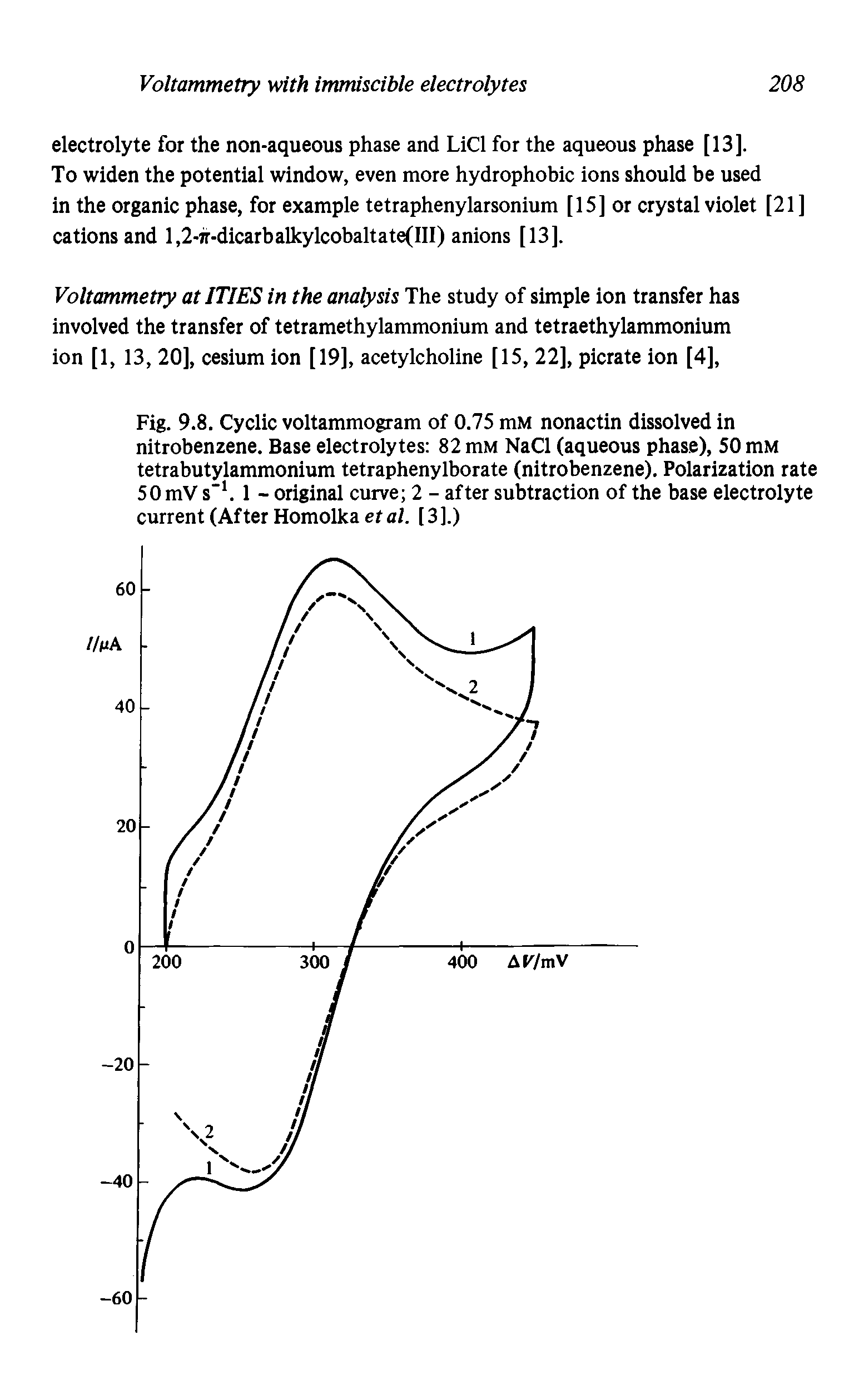 Fig. 9.8. Cyclic voltammogram of 0.75 mM nonactin dissolved in nitrobenzene. Base electrolytes 82 mM NaCl (aqueous phase), 50 mM tetrabutylammonium tetraphenylborate (nitrobenzene). Polarization rate 50 mV s" . 1 - original curve 2 - after subtraction of the base electrolyte current (After Homolka et al. [ 3 ].)...