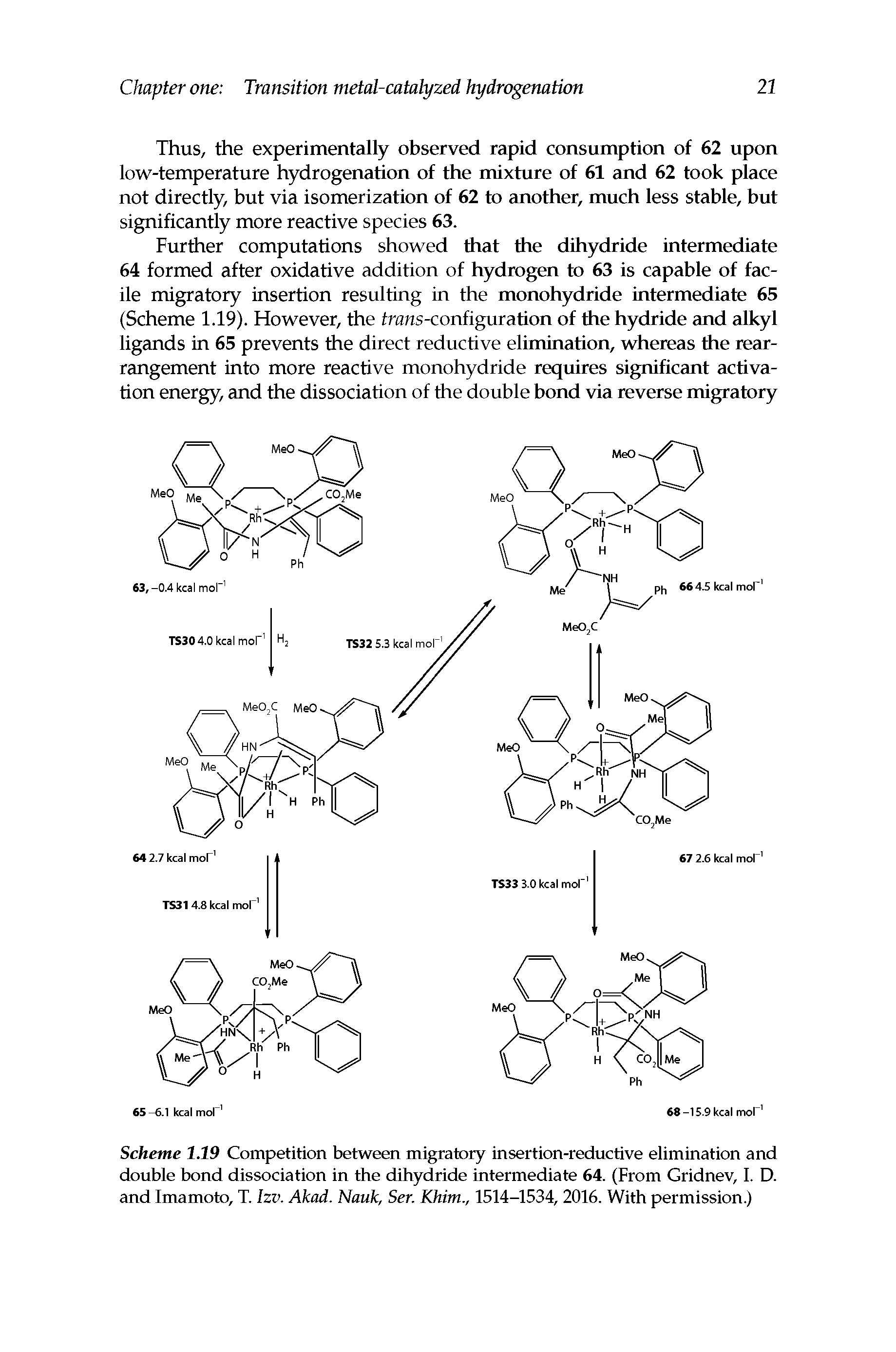 Scheme 1.19 Competition between migratory insertion-reductive elimination and double bond dissociation in the dihydride intermediate 64. (From Gridnev, I. D. and Imamoto, T. Izv. Akad. Nauk, Ser. Khim., 1514-1534,2016. With permission.)...