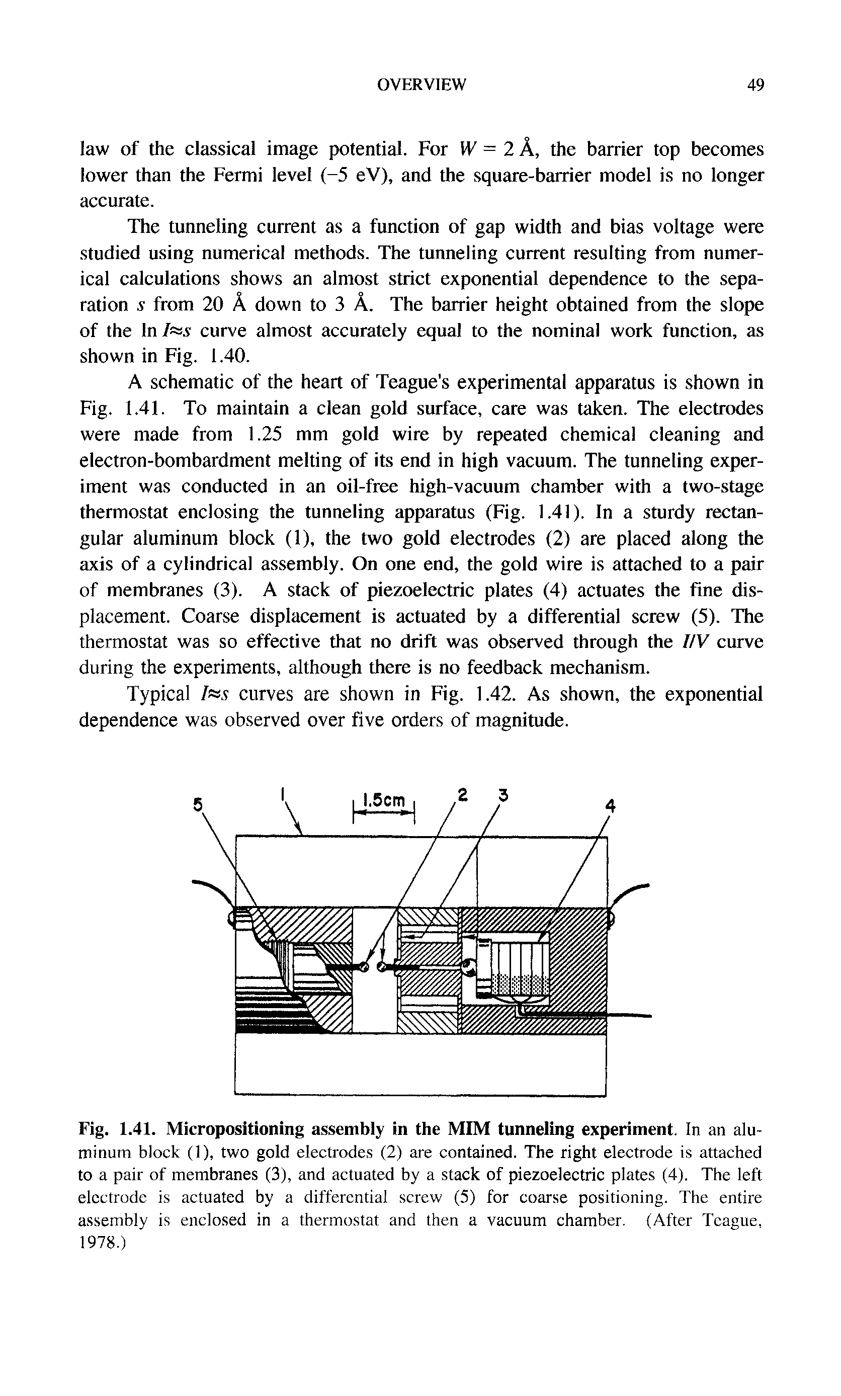 Fig. 1.41. Micropositioning assembly in the MIM tunneling experiment. In an aluminum block (1), two gold electrode.s (2) are contained. The right electrode is attached to a pair of membranes (3), and actuated by a stack of piezoelectric plates (4). The left electrode is actuated by a differential screw (5) for coarse positioning. The entire assembly is enclosed in a thermostat and then a vacuum chamber. (After Teague, 1978.)...