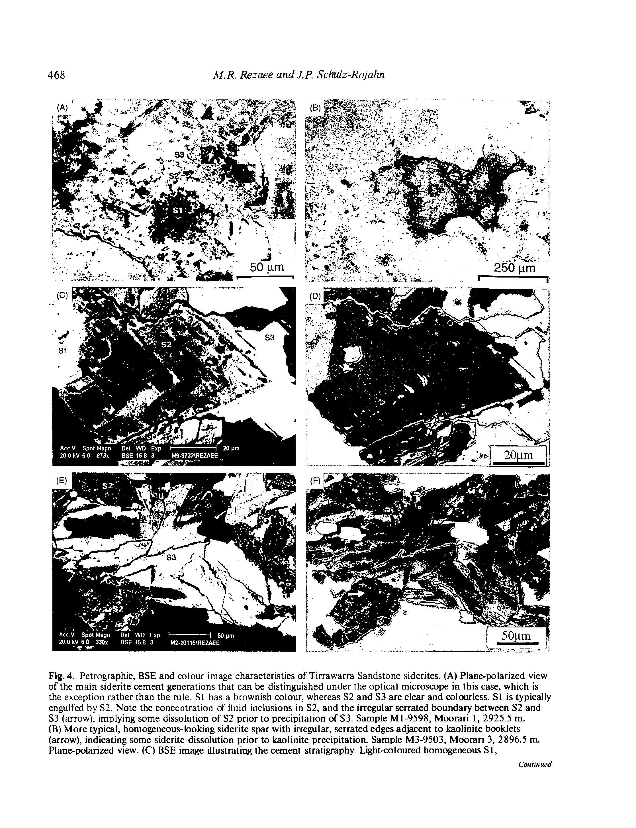 Fig. 4. Petrographic, BSE and colour image characteristics of Tirrawarra Sandstone siderites. (A) Plane-polarized view of the main siderite cement generations that can be distinguished under the optical microscope in this case, which is the exception rather than the rule. SI has a brownish colour, whereas S2 and S3 are clear and colourless. SI is typically engulfed by S2. Note the concentration of fluid inclusions in S2, and the irregular serrated boundary between S2 and S3 (arrow), implying some dissolution of S2 prior to precipitation of S3. Sample Ml-9598, Moorari 1, 2925.5 m.