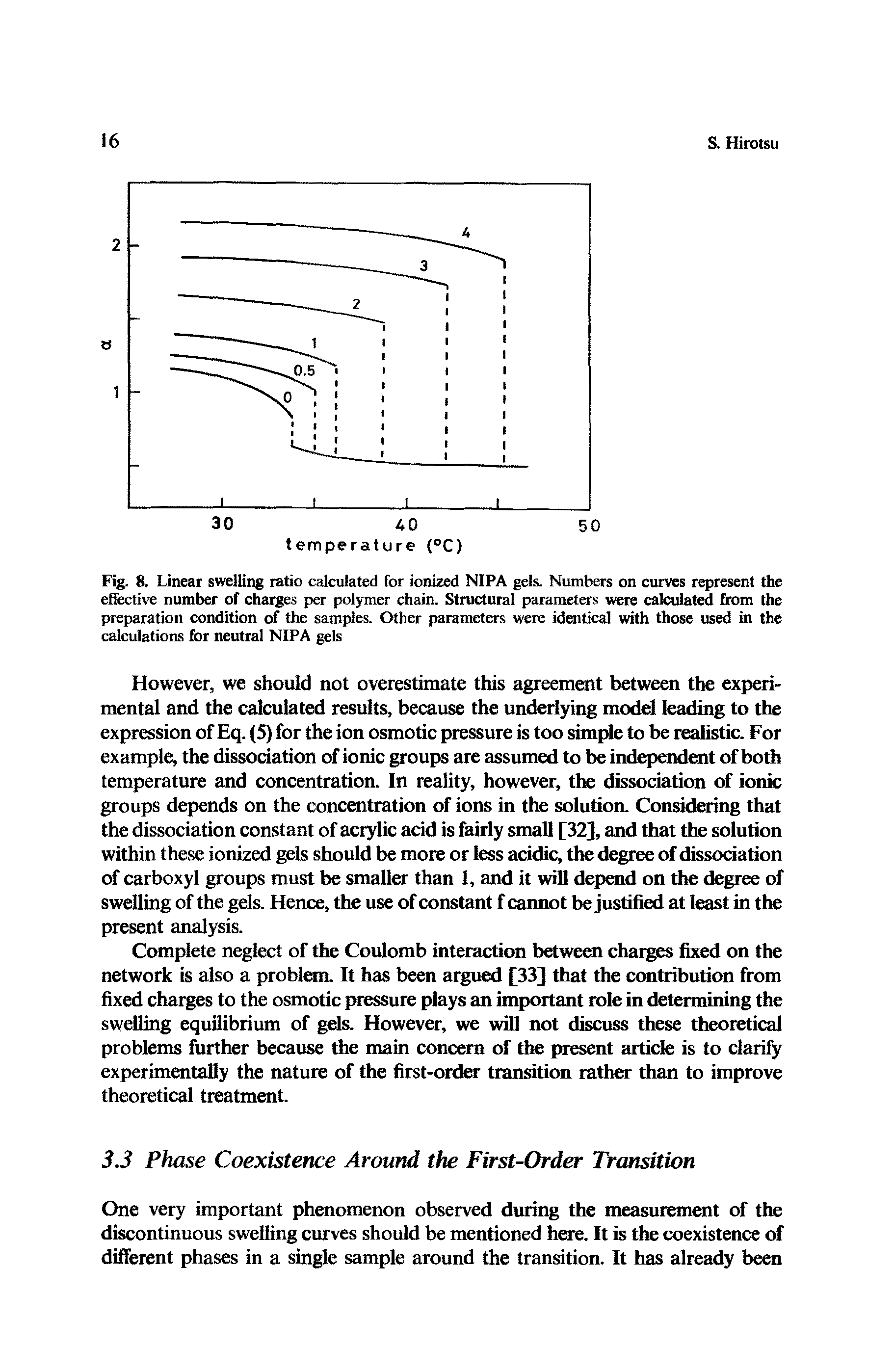 Fig. 8. Linear swelling ratio calculated for ionized NIPA gels. Numbers on curves represent the effective number of charges per polymer chain. Structural parameters were calculated from the preparation condition of the samples. Other parameters were identical with those used in the calculations for neutral NIPA gels...