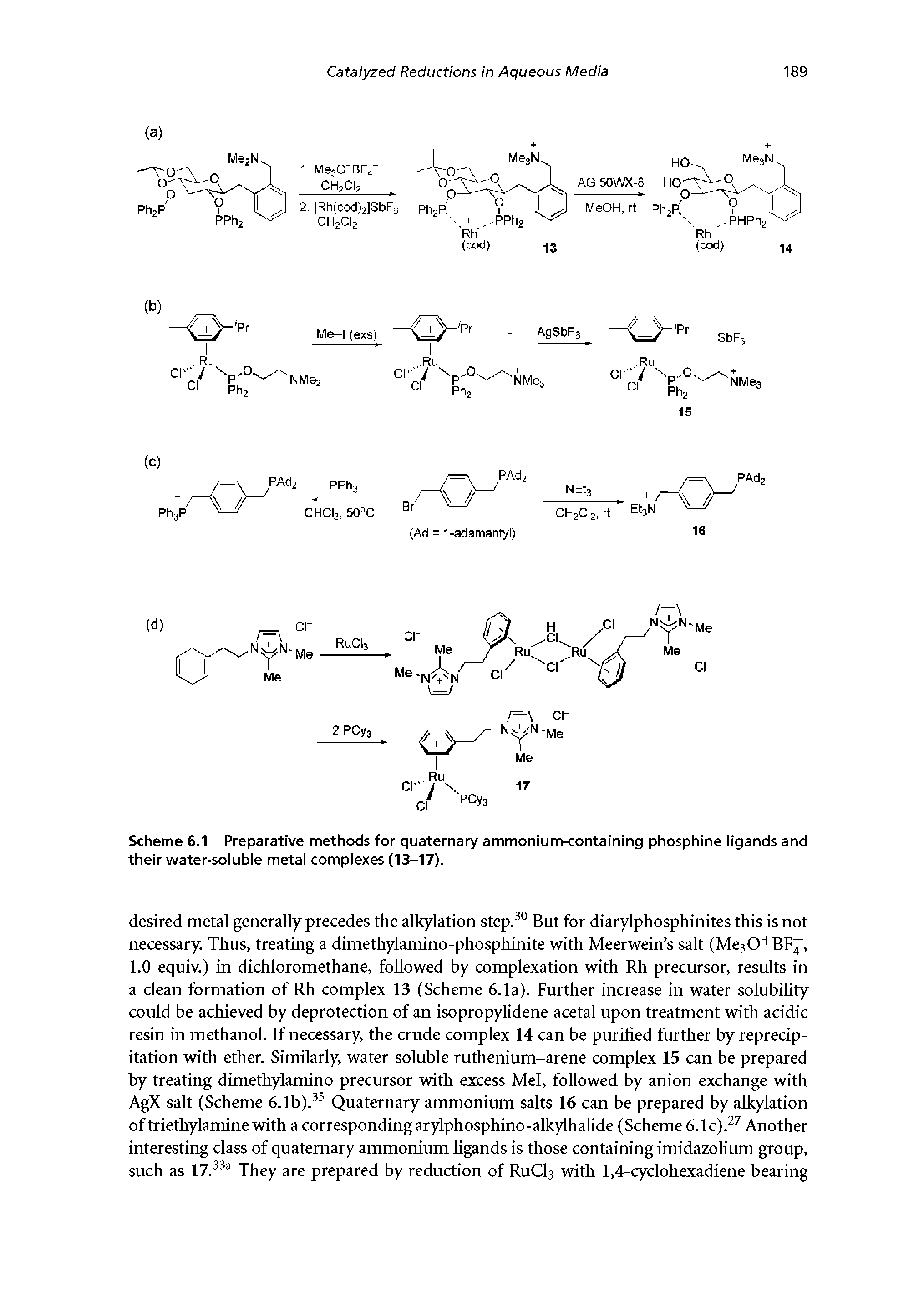 Scheme 6.1 Preparative methods for quaternary ammonium-containing phosphine iigands and their water-soiubie metai compiexes (13-17).