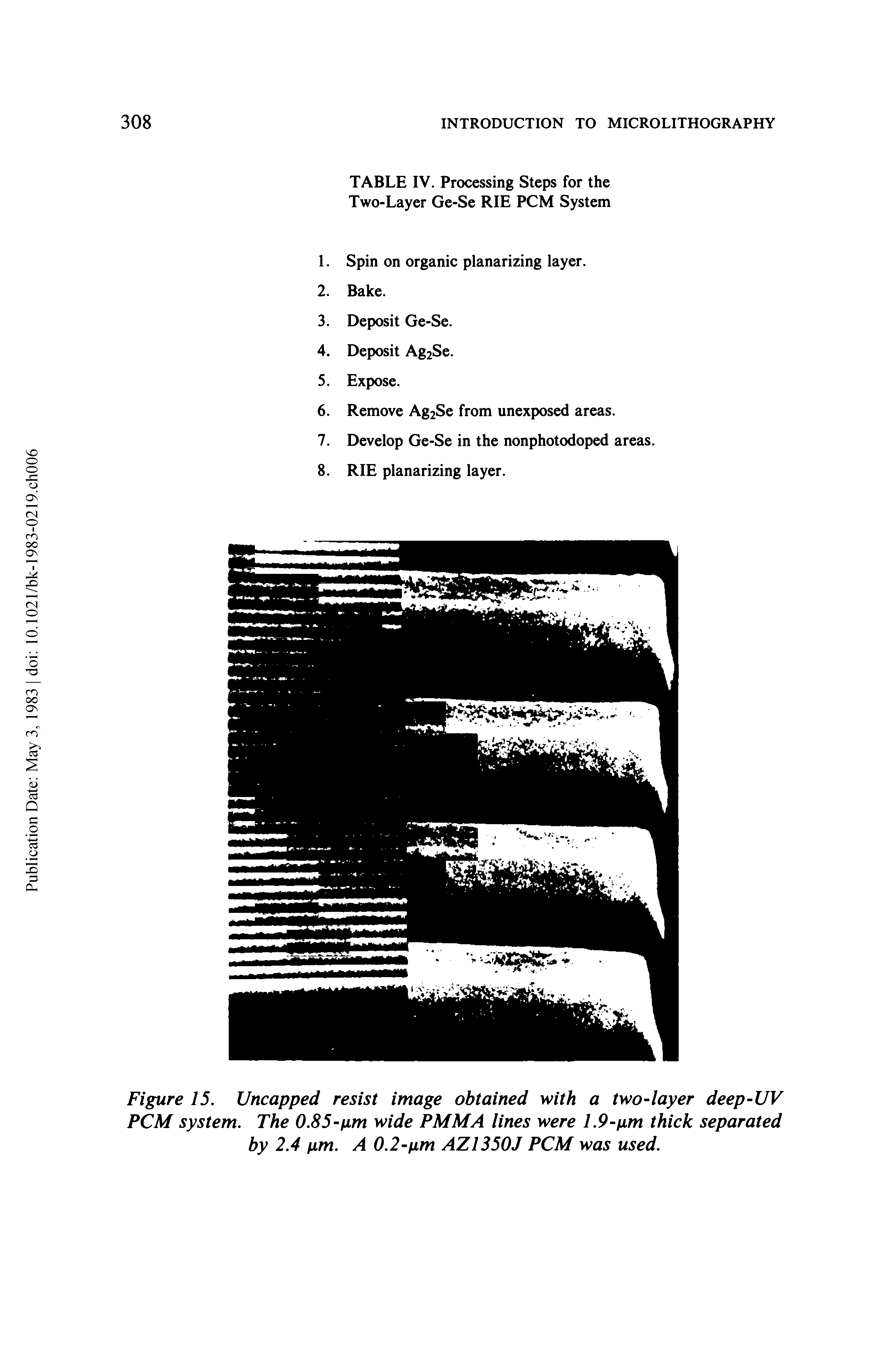 Figure 15. Uncapped resist image obtained with a two-layer deep-UV PCM system. The 0.85-um wide PMMA lines were 1.9-fim thick separated by 2.4 ixm. A 0.2-um AZ1350J PCM was used.