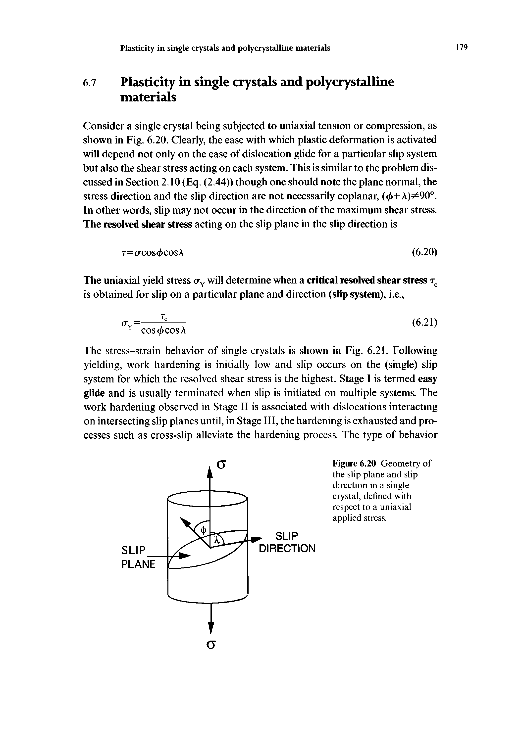 Figure 6.20 Geometry of the slip plane and slip direction in a single crystal, defined with respect to a uniaxial applied stress.