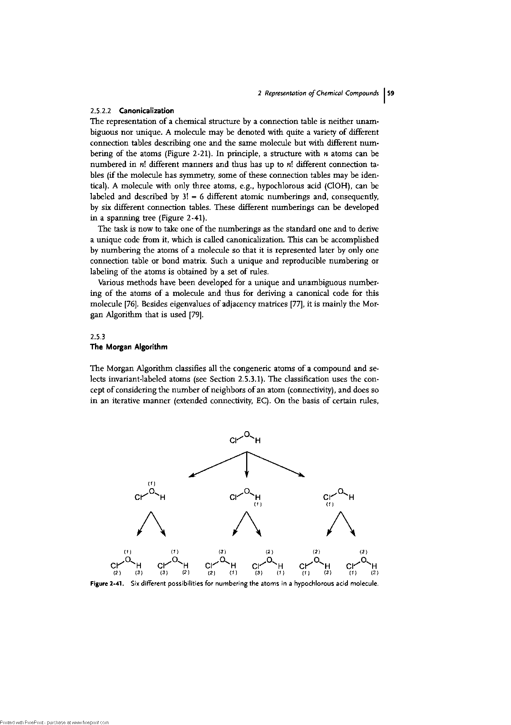 Figure 2-41. Six different possibilities for numbering the atoms in a hypochlorous acid molecule.